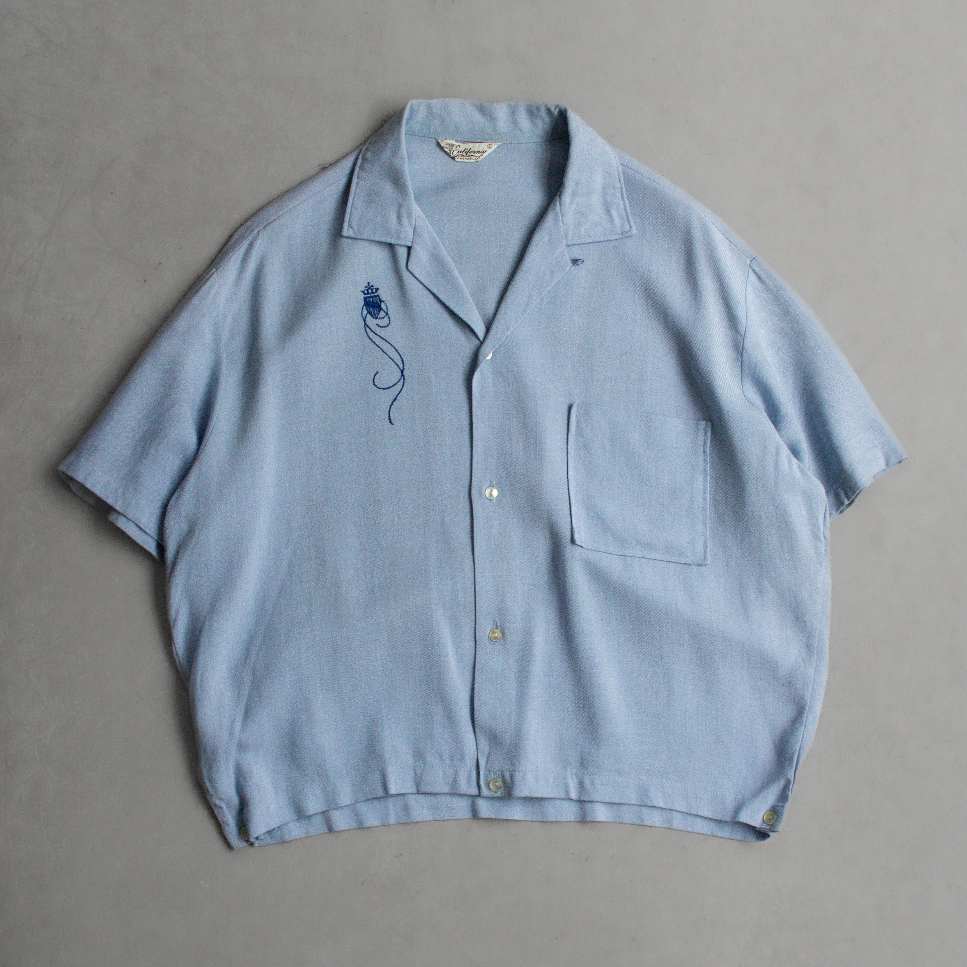 50-60S CALIFORNIA RAYON SHIRT 美國製 淺藍 刺繡 嫘縈 短袖 襯衫
