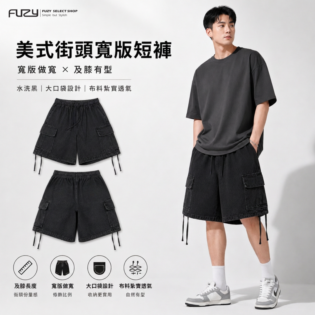 美式街頭 寬版及膝 短褲 水洗黑 大口袋 休閒短褲 【 FUZY 】- P202558