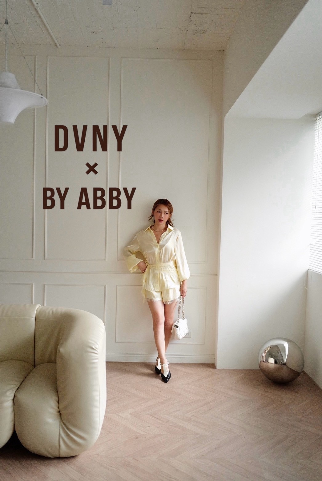 DVNY X BY ABBY "N.Y"淺檸檬黃色襯衫+短褲+蕾絲綁巾 3件式套裝
