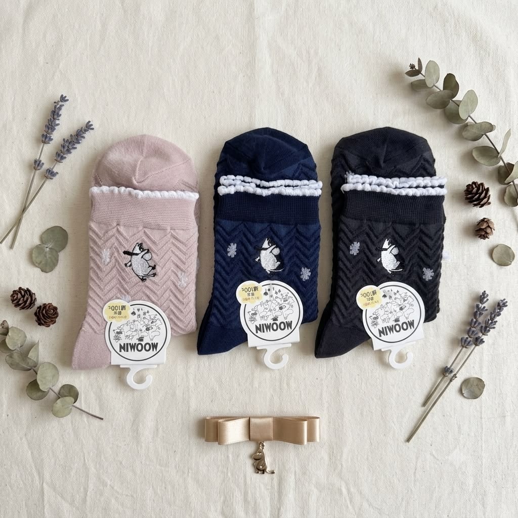 【最新發售】JP 姆明 刺繡三角紋花邊中筒襪 23-25 4905 TK260803