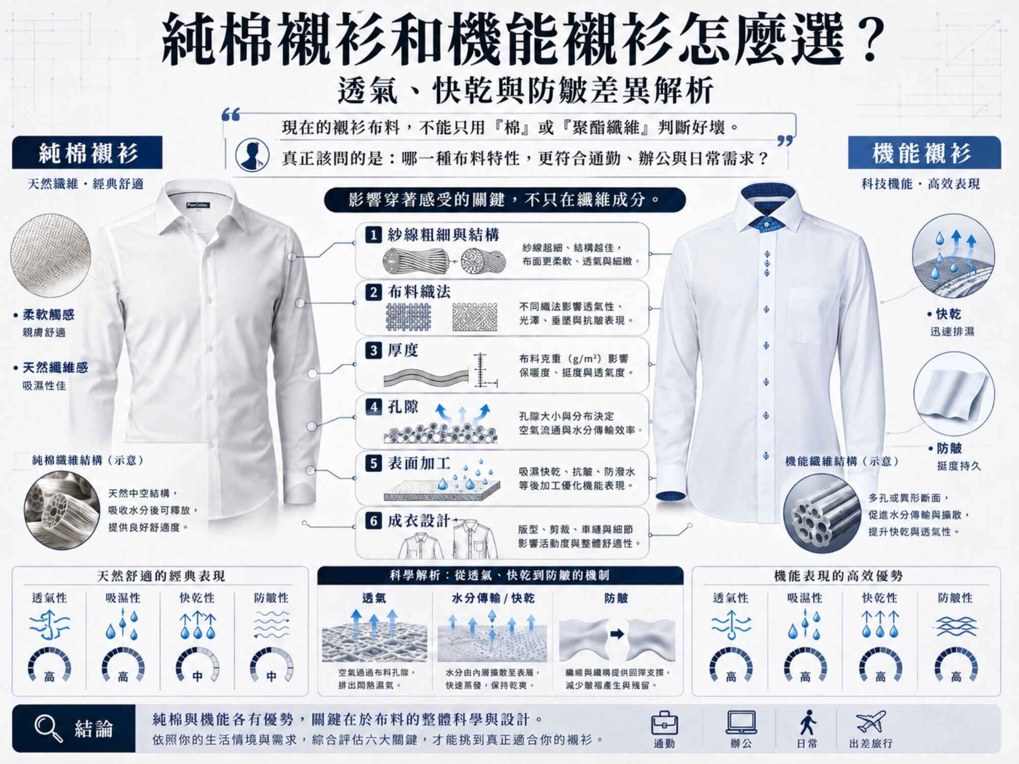 純棉襯衫與衣十五機能襯衫比較，解析透氣、快乾、防皺及布料結構差異