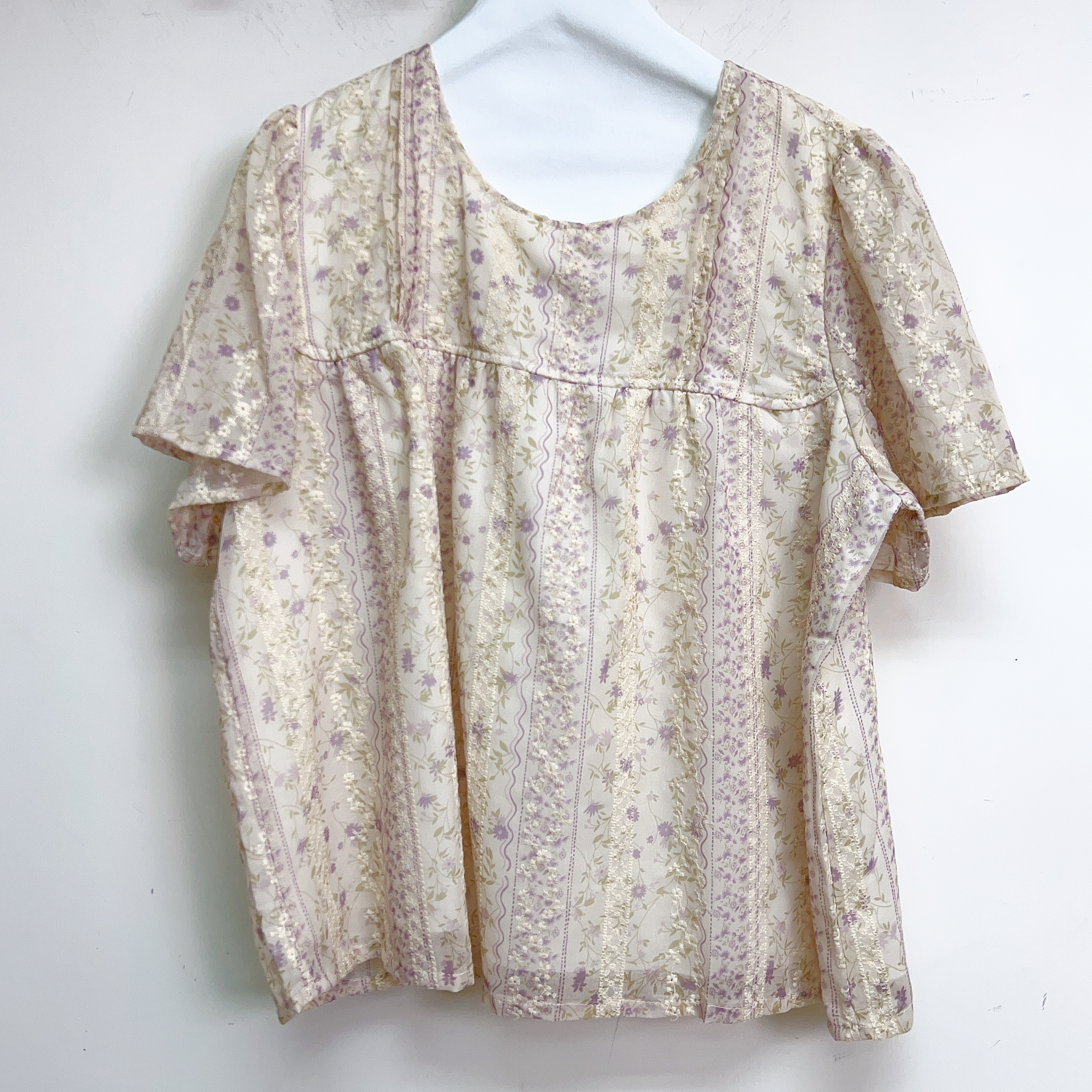 碎花刺繡蕾絲拼接荷葉袖雪紡上衣 (胸42 腰44 長23吋) 37182 #0708clo