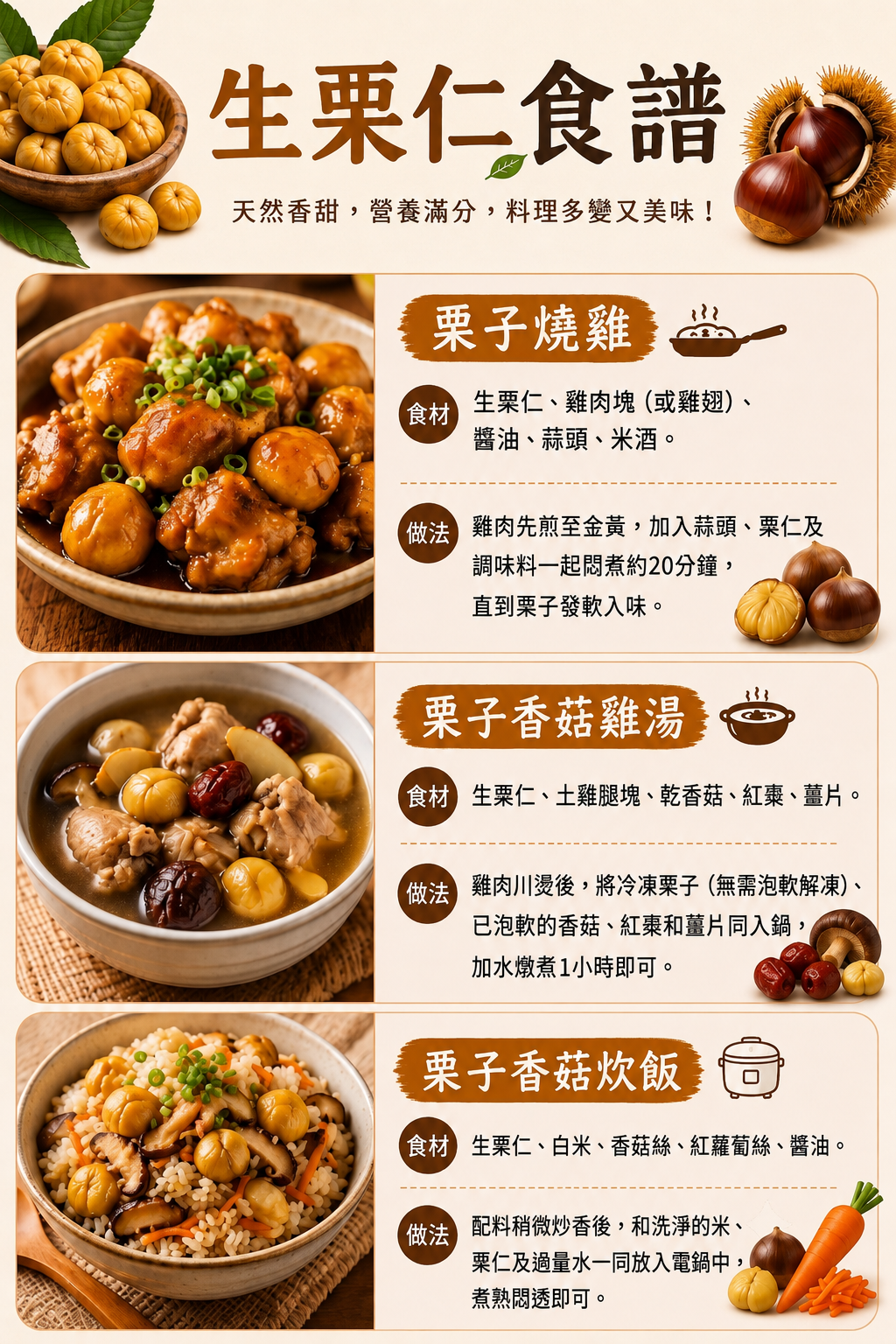 鮮剝生栗仁食譜推薦｜生栗仁料理教學，包含栗子燒雞、栗子香菇雞湯、栗子香菇炊飯，免剝殼生栗仁快速上桌。