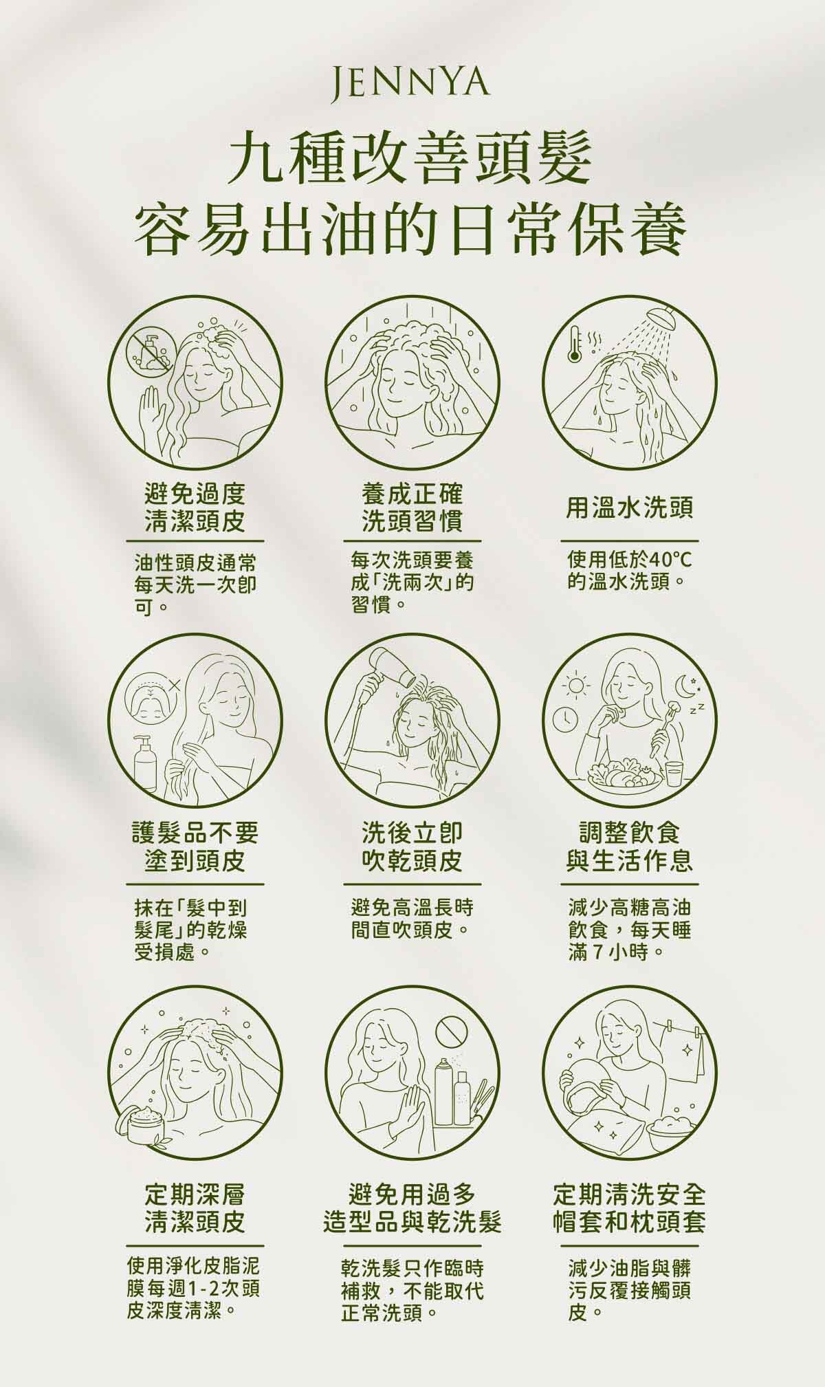 頭髮容易出油怎麼辦保養，整理 9 種改善頭髮容易出油的方法，包括避免過度清潔、正確洗頭、用溫水洗頭、護髮品避開頭皮、洗後吹乾頭皮、調整飲食與生活作息、定期深層清潔頭皮、避免過多造型品與乾洗髮，以及定期清洗安全帽套和枕頭套。