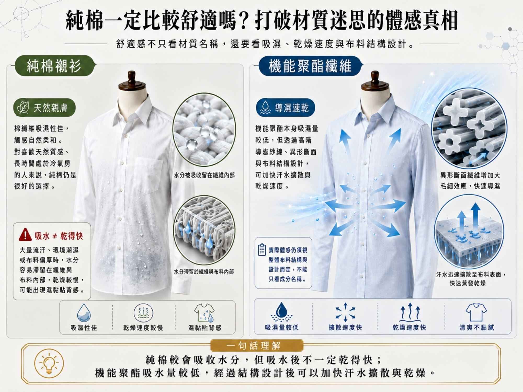 純棉襯衫與機能聚酯襯衫比較，說明吸濕、導濕、快乾與布料結構差異
