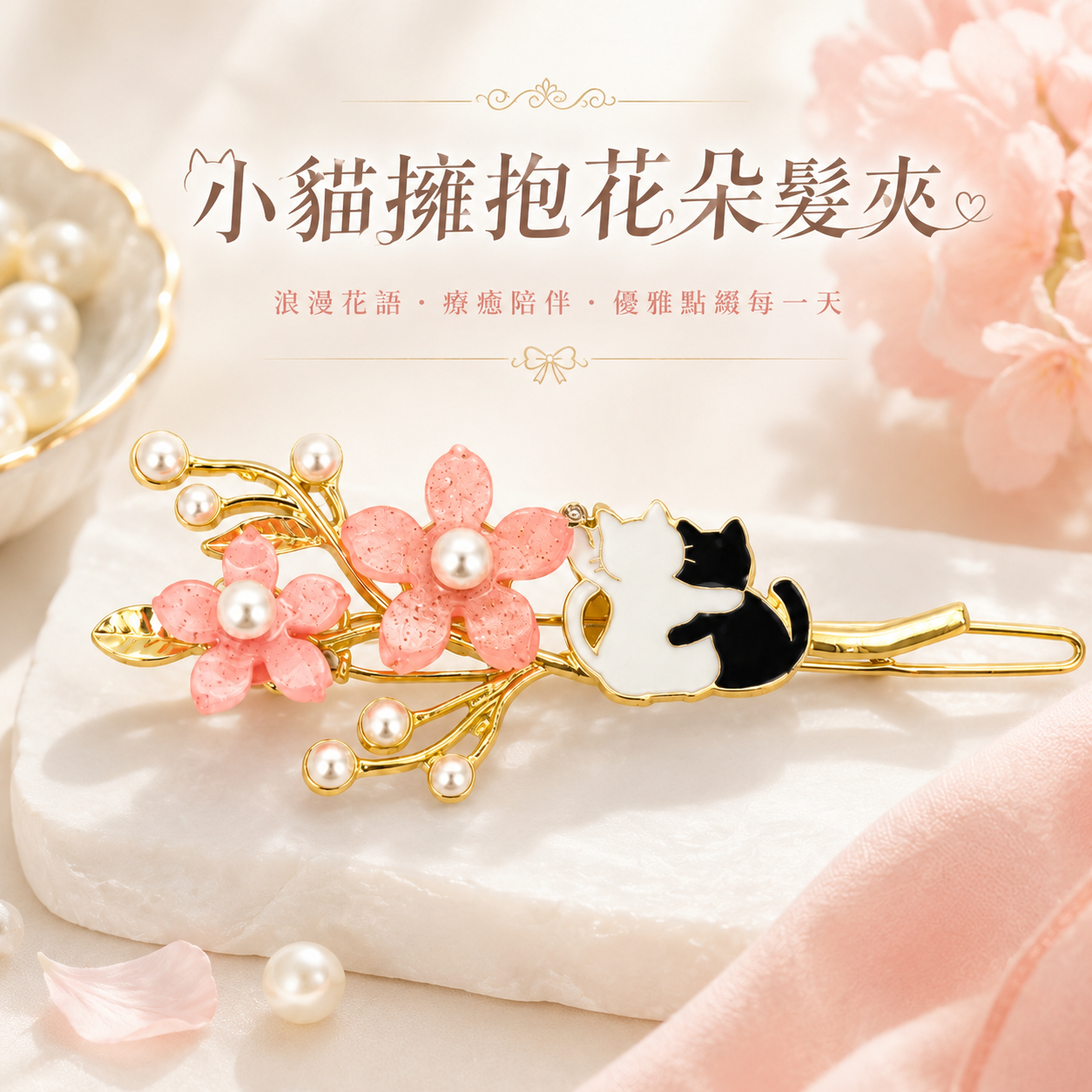 小貓擁抱花朵髮夾