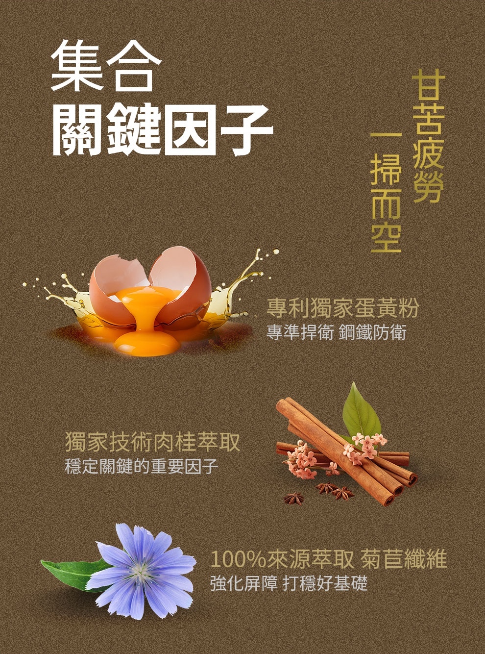 甘御守有添加Next IgY蛋黃粉，針對消化道12種壞菌進行清理，達到腸道菌相平衡效果，進階輔助營養吸收