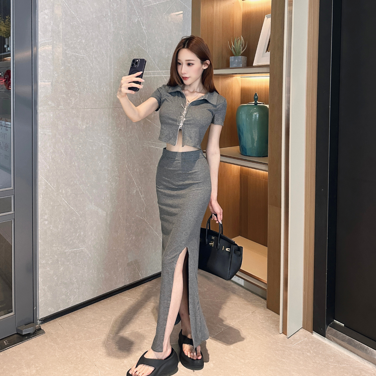 【街頭女主】個性拉鍊短袖上衣+開衩裙 兩件套 棉質 洋裝 套裝 (現+預)