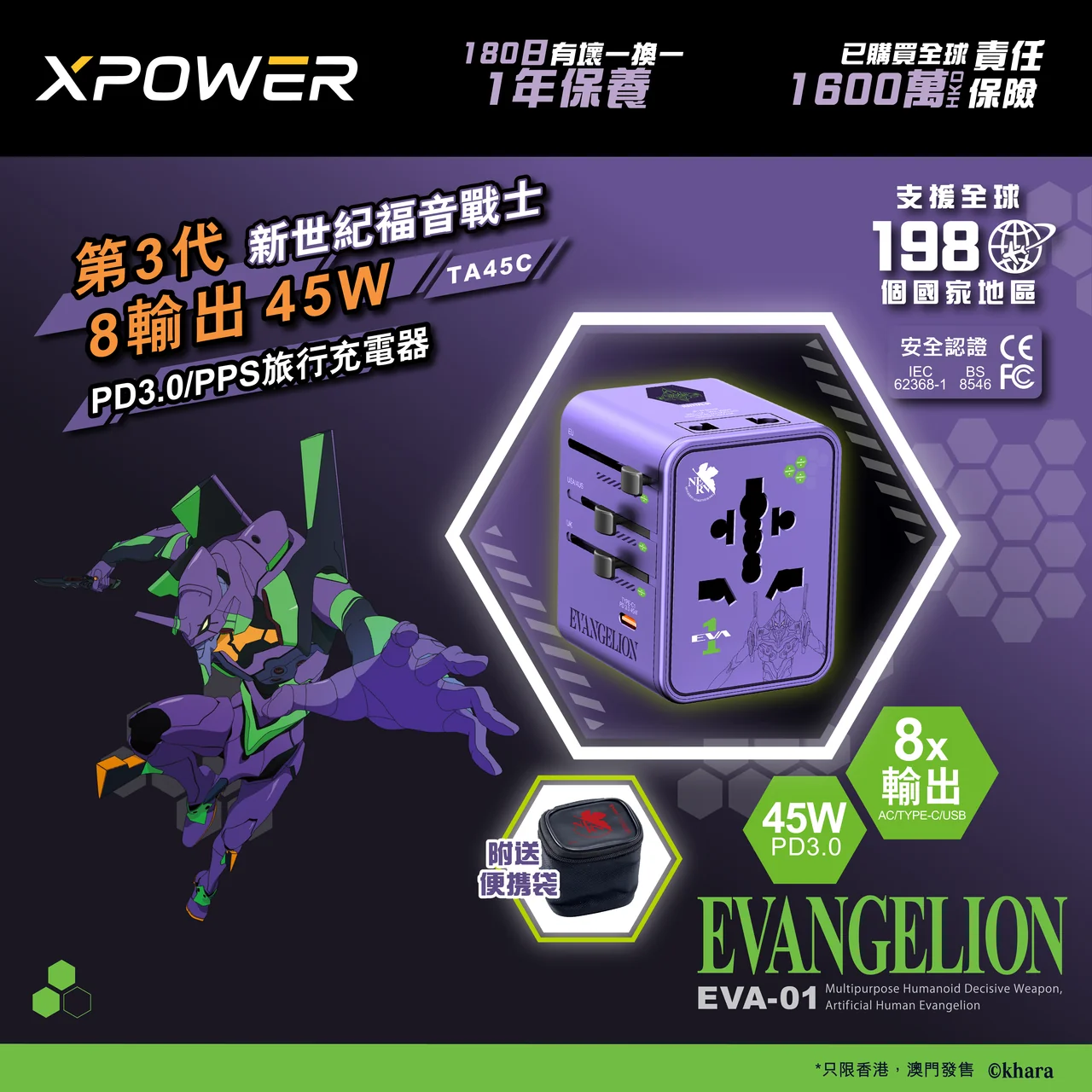 (早買限定優惠)XPower x EVA 新世紀福音戰士 第3代 TA45C 45W 6輸出 PD3.0/PPS快充旅行充電器