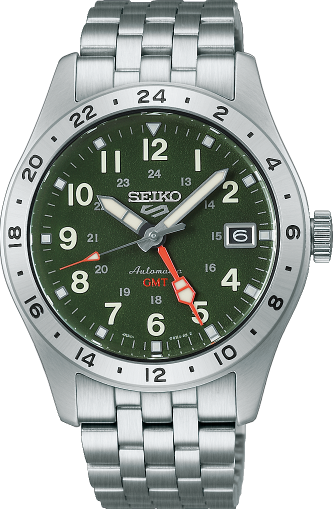 萬年鐘錶 - SEIKO  5 Sports   軍裝風格GMT雙時區指針不鏽鋼款機械男錶  HDB001K1 / 4R34-00C0G 錶徑39.4MM
