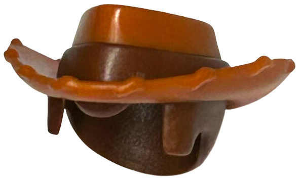 49514pb01 Minifigure, Hair Combo, Hair with Hat, Short Hair with Molded Dark Orange Cowboy Triangular Brim Hat with Reddish Brown Band Pattern