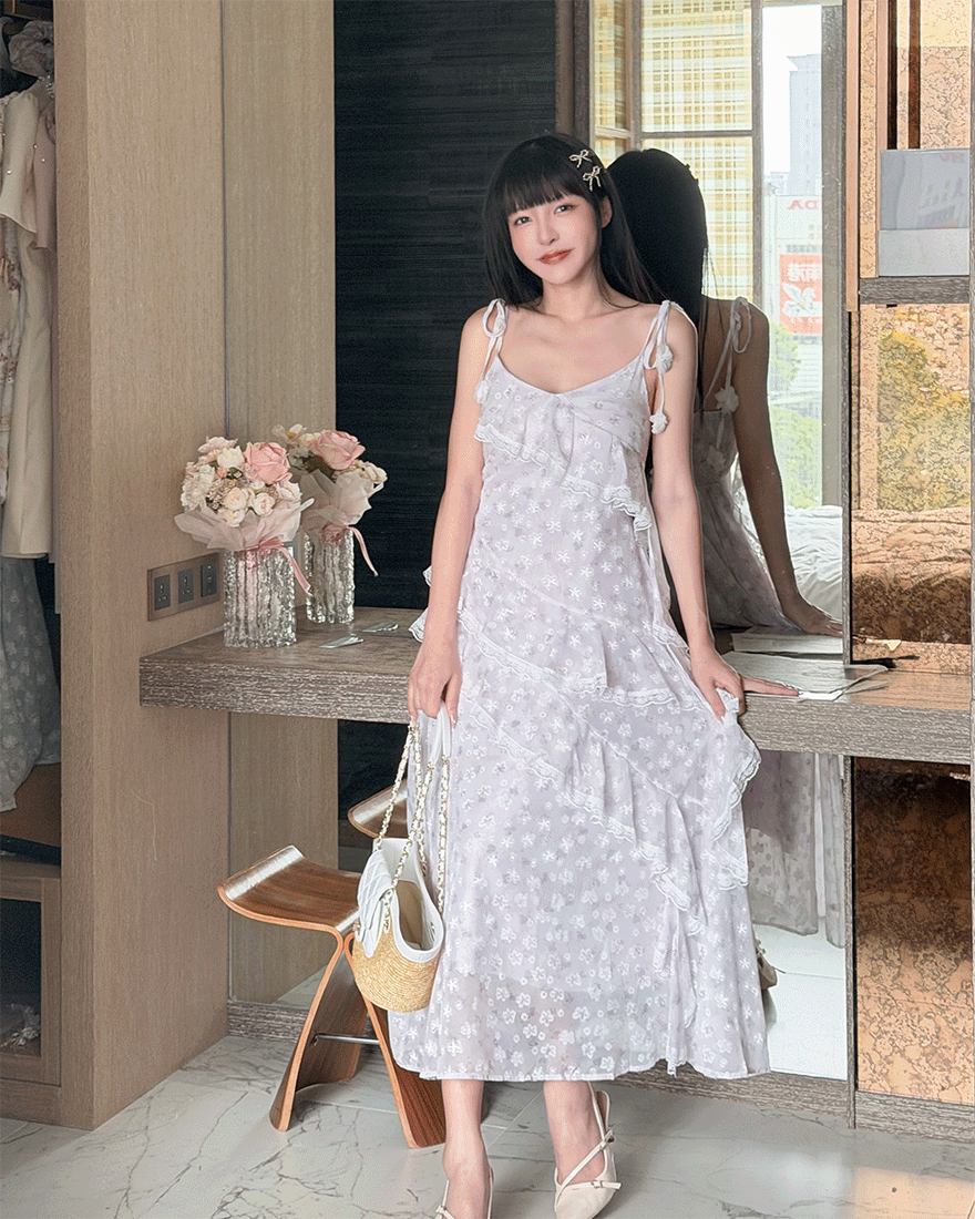 LINA LINA甜氛序曲蕾絲花朵光影碎花洋裝-浪漫紫