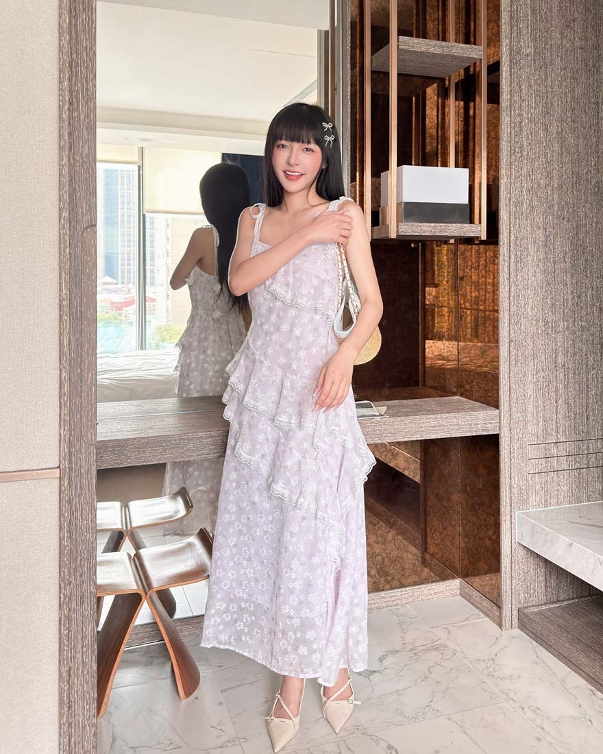 LINA LINA甜氛序曲蕾絲花朵光影碎花洋裝-浪漫紫