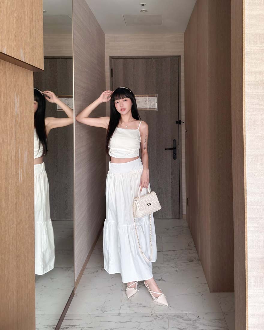 LINA LINA沁夏繆思純色細肩帶上衣長裙兩件組-氣質白