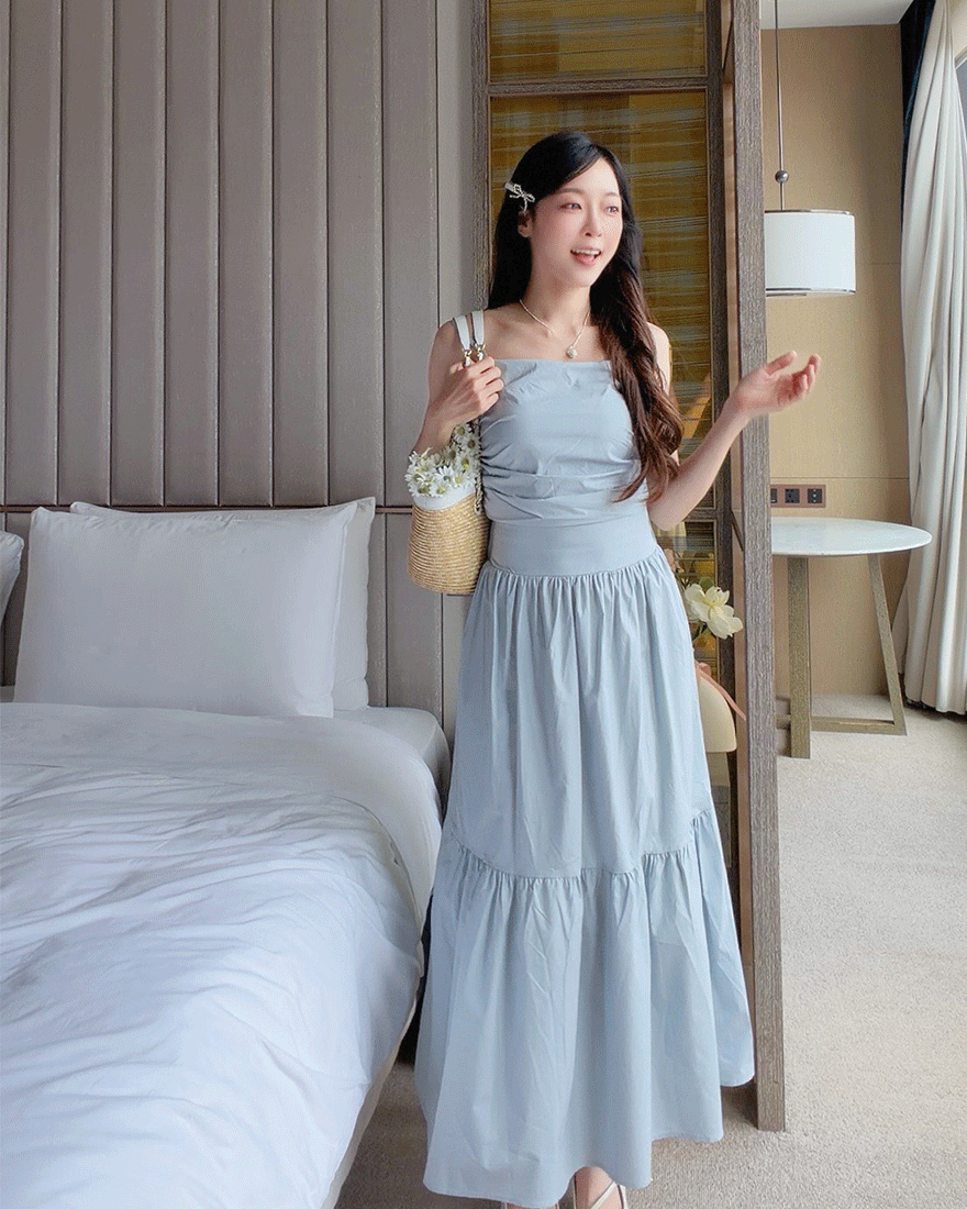 LINA LINA沁夏繆思純色細肩帶上衣長裙兩件組-高雅藍