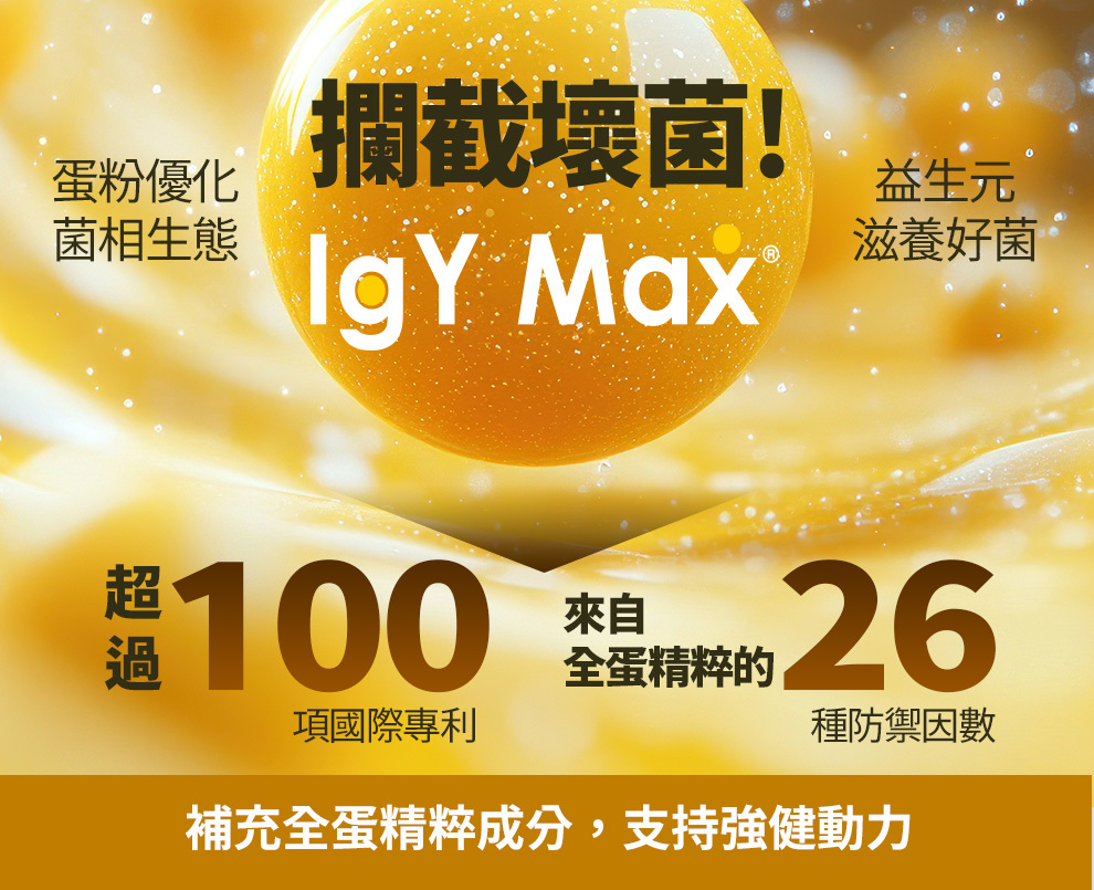 悠步健的IgY Max蛋粉可以攔截壞菌，超過100篇國際專利支撐吸收與效果，幫助關節健康靈活