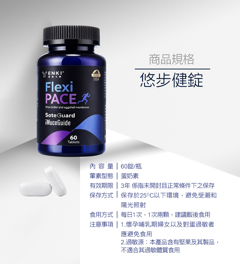 悠步健的產品規格，內容物60粒一盒，食用方式每日一次每次兩顆，搭配冷溫開水食用
