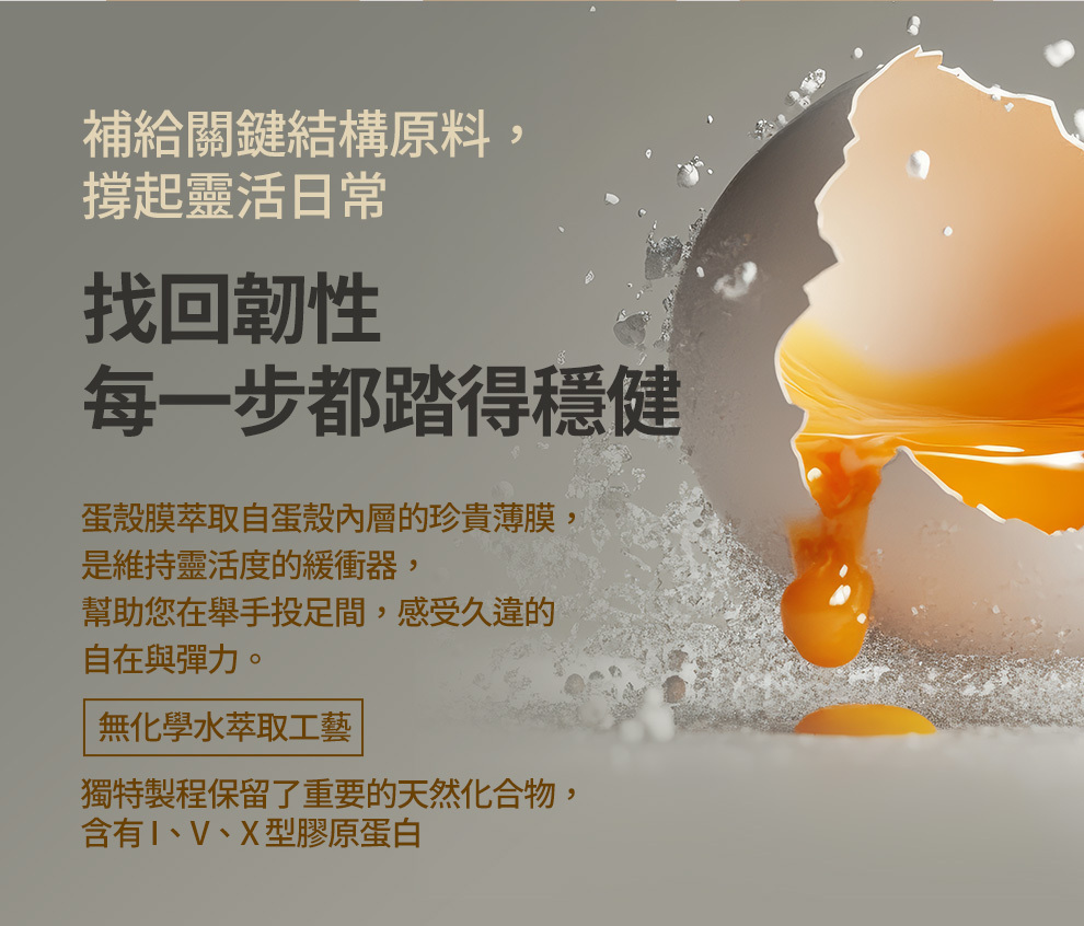 悠步健添加蛋殼膜為核心配方，是天然的膠原蛋白，有效找回關節韌性與健康，舉手投足都能靈活展現