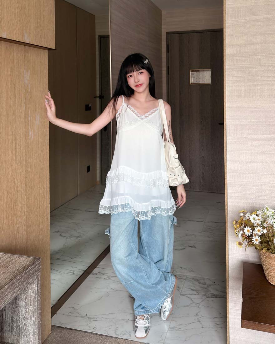 LINA LINA心動蕾語蕾絲荷葉層次滾邊上衣洋-純潔白