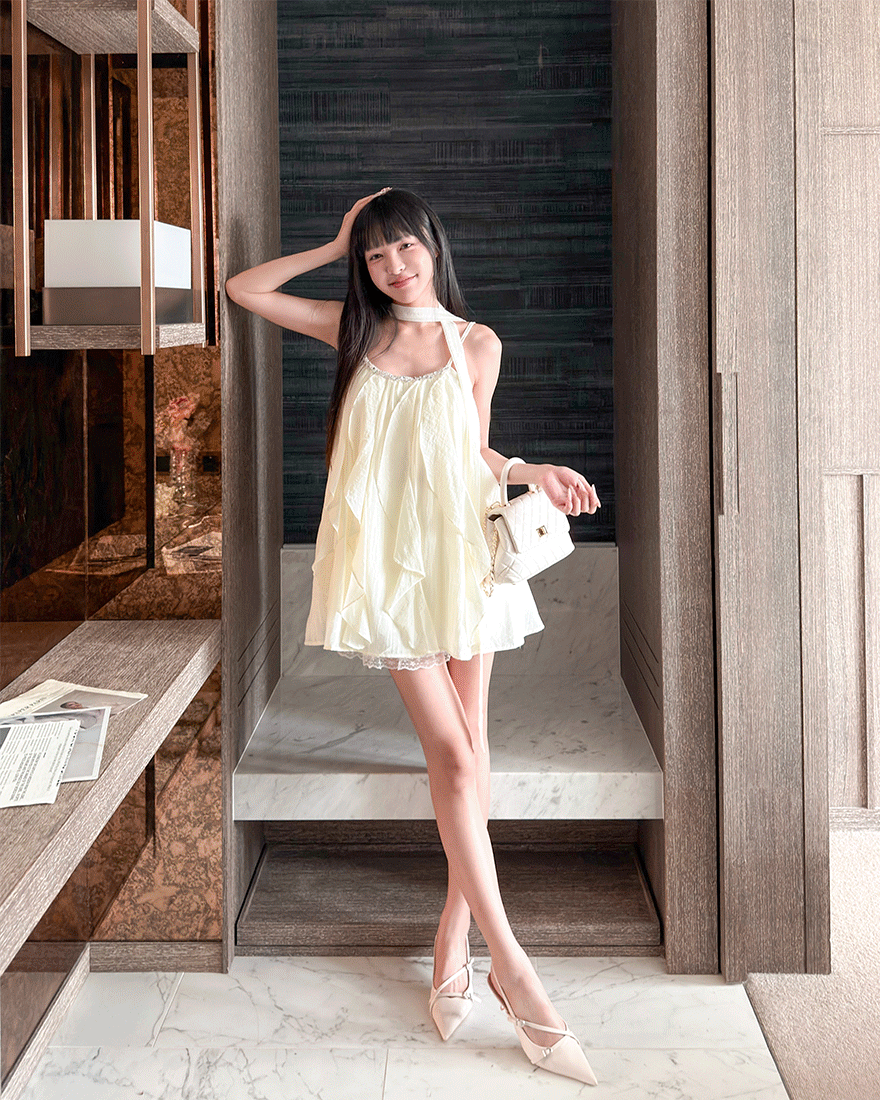 LINA LINA耀眼浪漫鑽石滾邊荷葉洋裝附繞帶-柔美杏