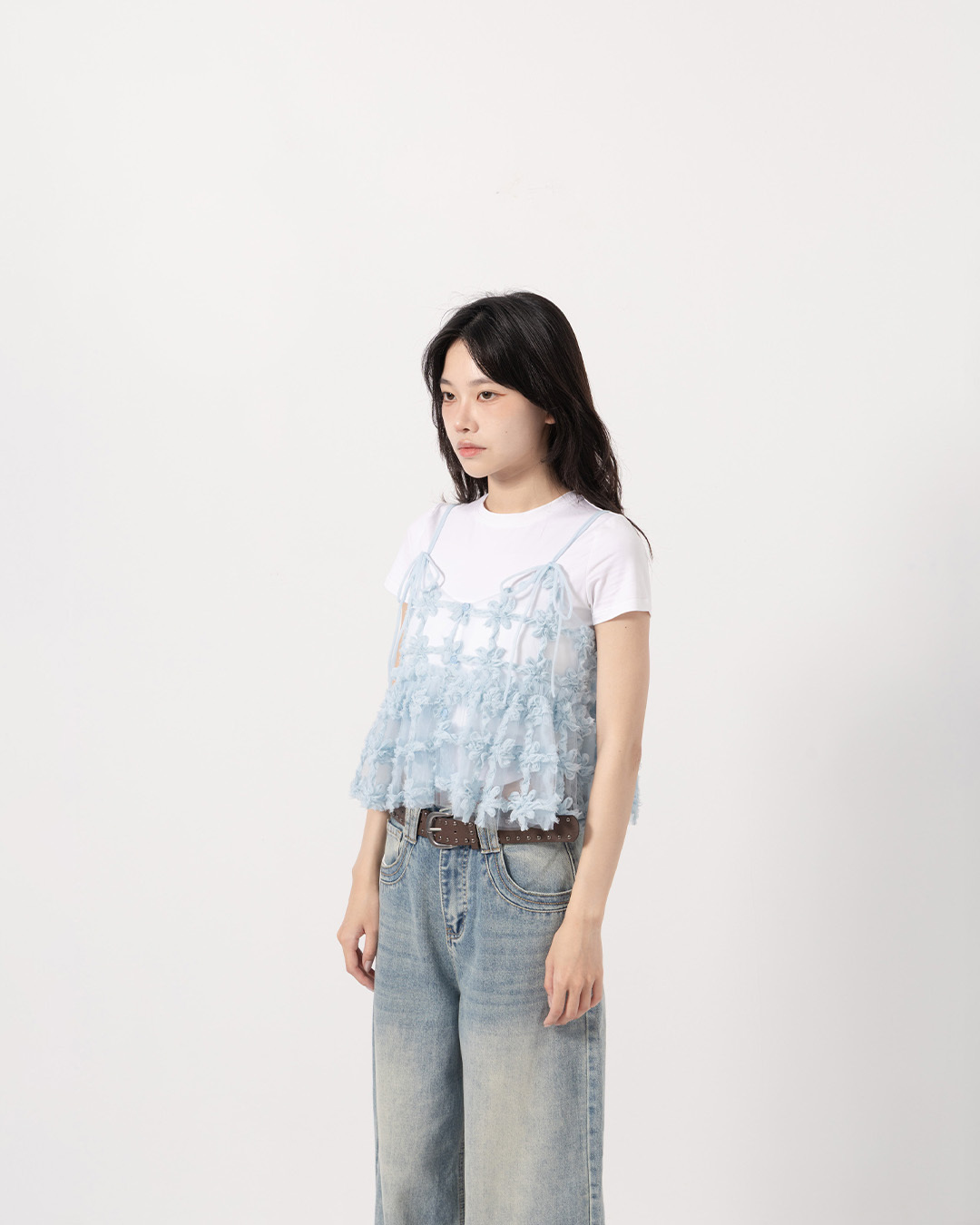 立体网纱缇花绑带透肤罩衫背心-蓝【01099868】现+预