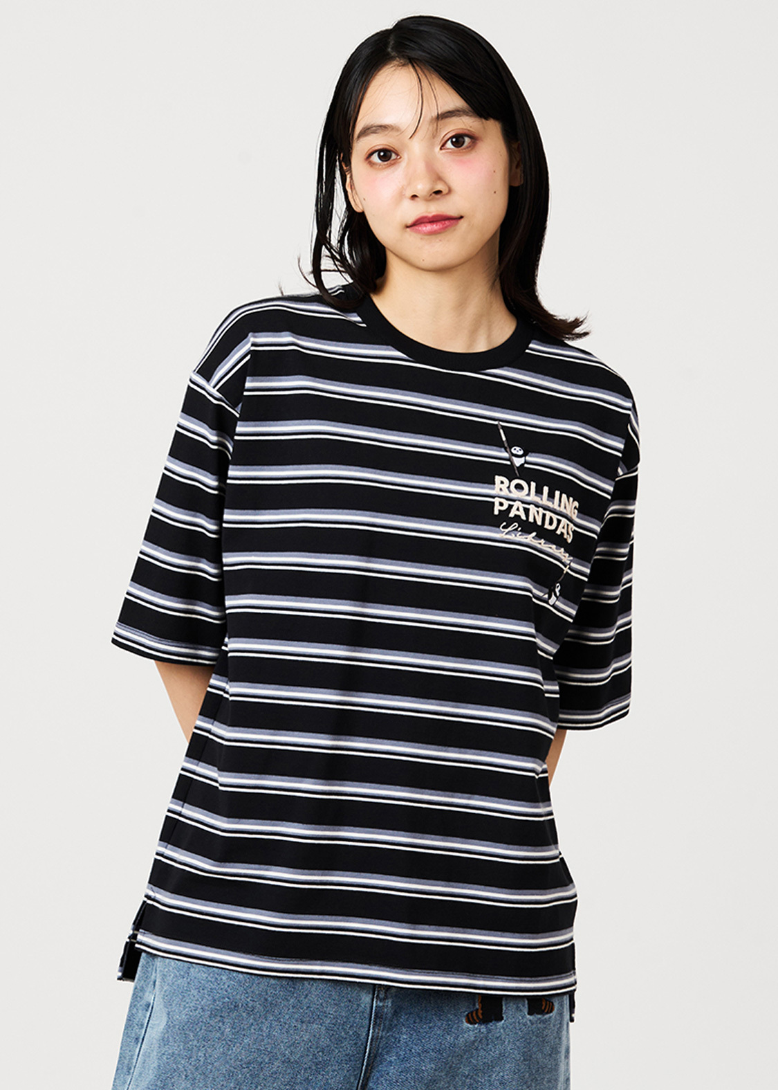 日本預訂 graniph GH Rolling Pandas Library | Oversized Striped T-Shirt