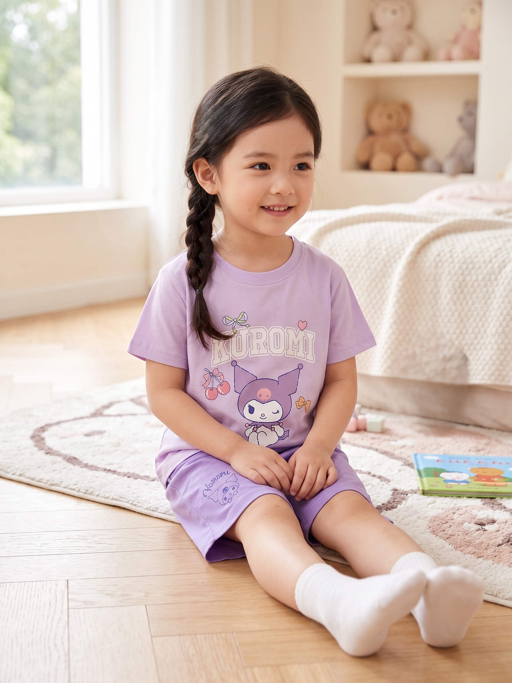 【Petit House】Sanrio Kuromi Kids Short-Sleeve Loungewear Set (T-shirt & Shorts) - Lavender Cute Print