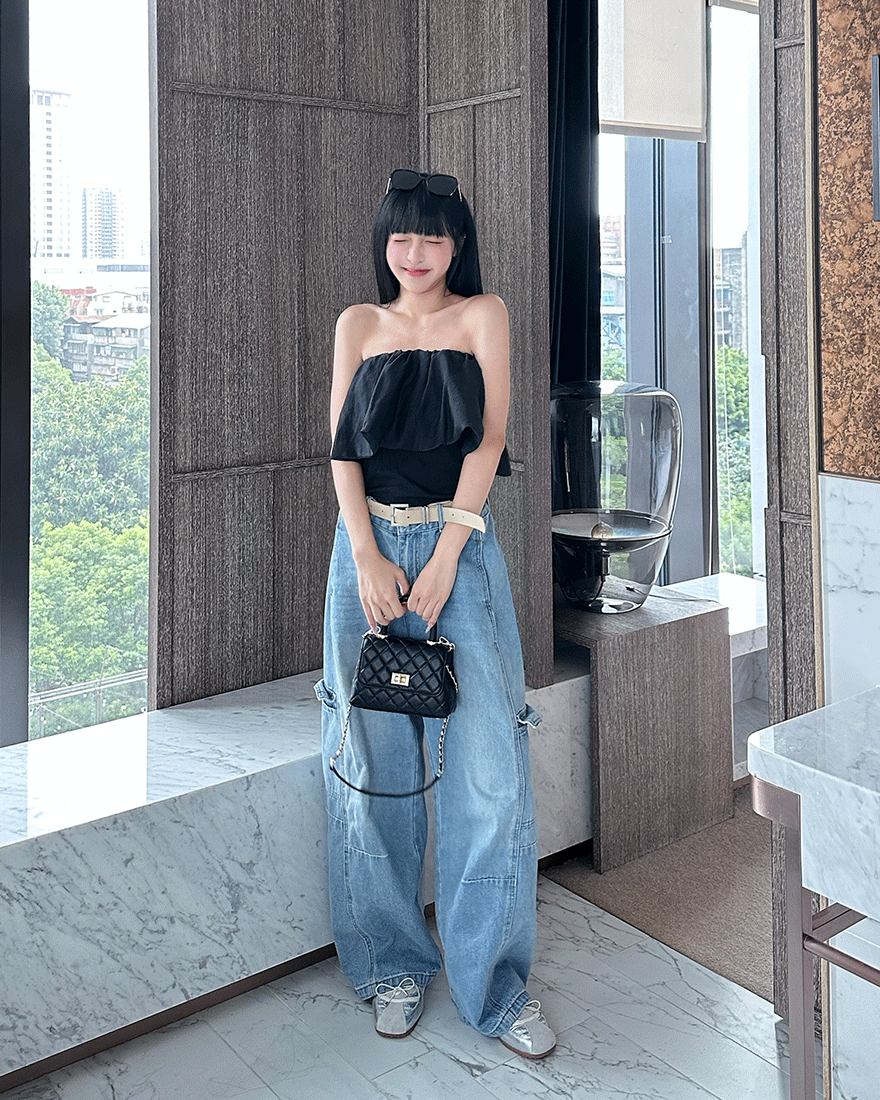 LINA LINA純粹魅力純色荷葉滾邊一字領上衣-高貴黑