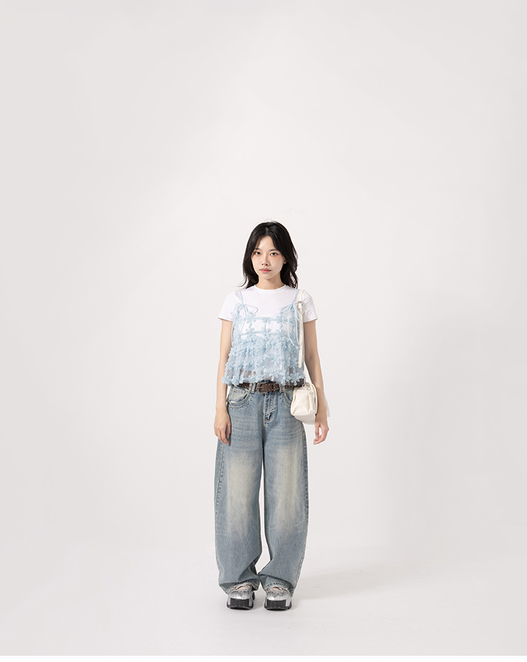 立体网纱缇花绑带透肤罩衫背心-蓝【01099868】现+预