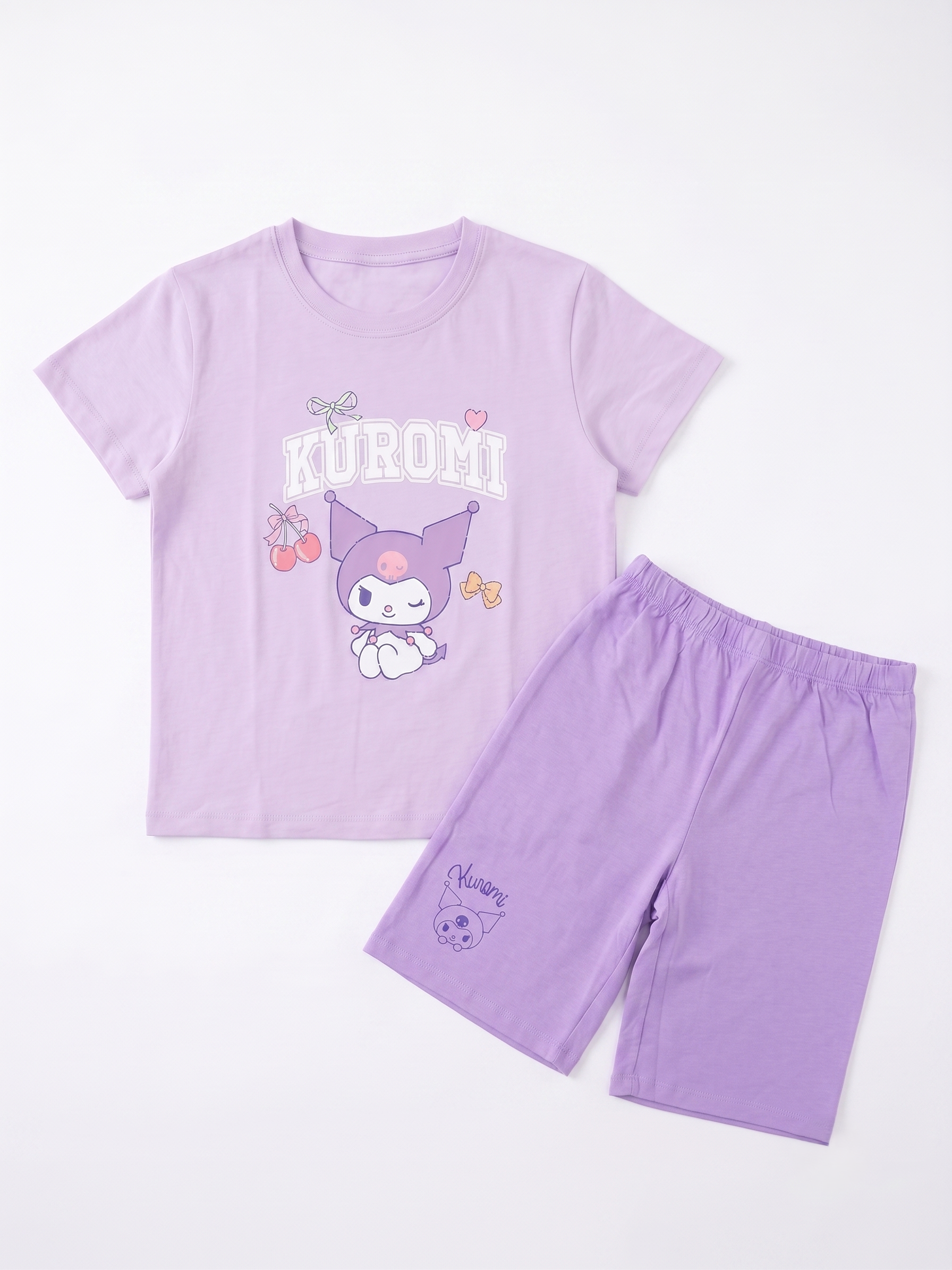 【Petit House】Sanrio Kuromi Kids Short-Sleeve Loungewear Set (T-shirt & Shorts) - Lavender Cute Print