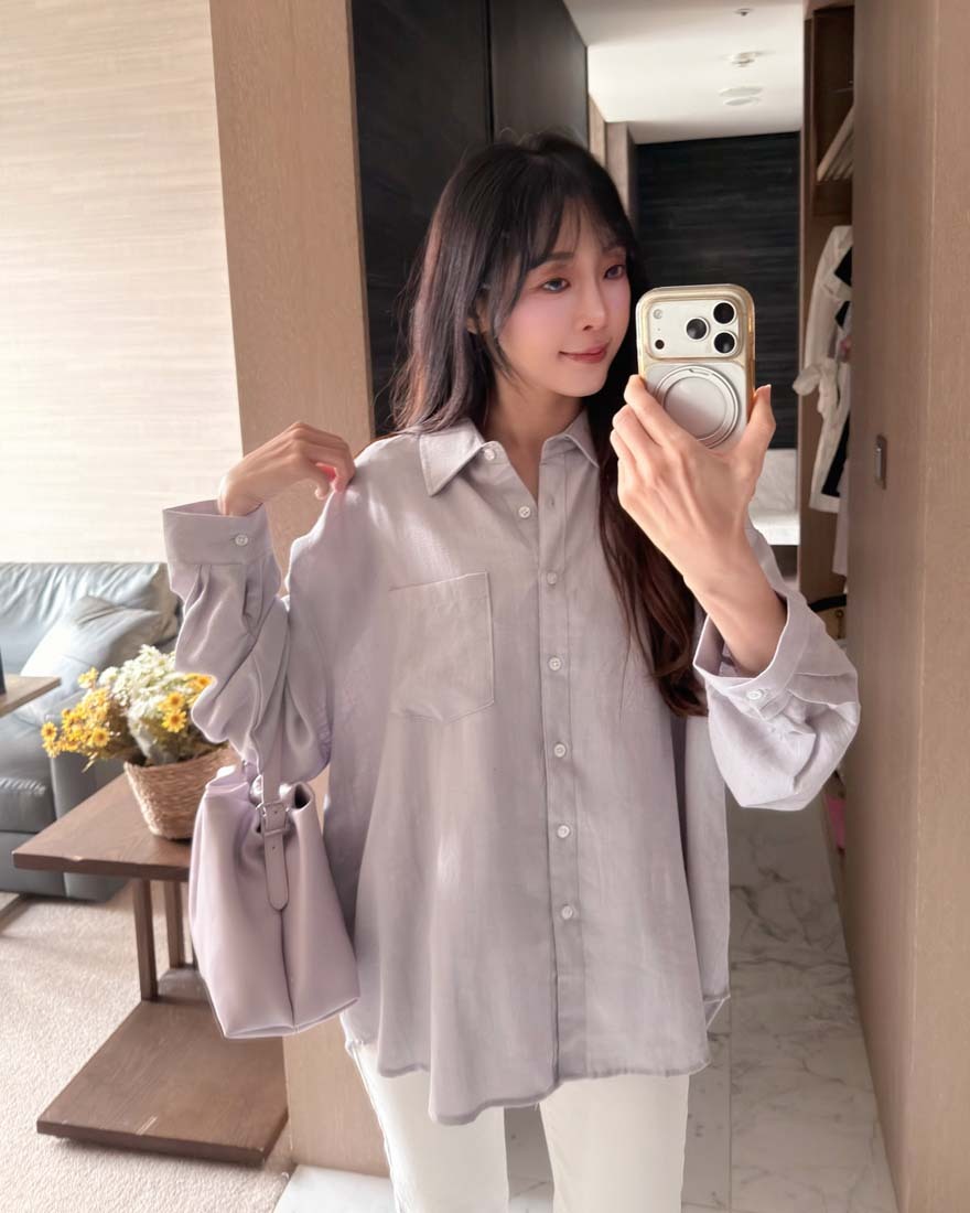LINA LINA都會日章口袋造型質感棉麻襯衫-高雅紫
