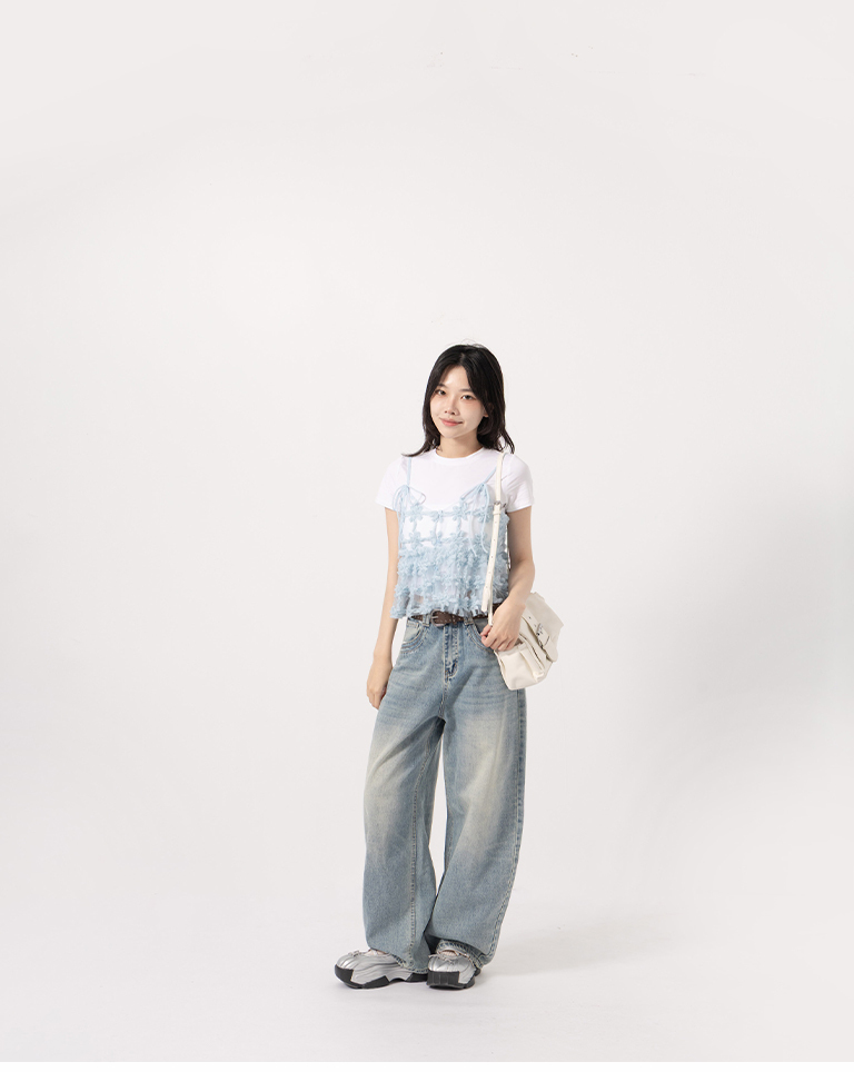 复古洗水茧型牛仔裤附铆钉皮带 S/M/L【04011889】现+预