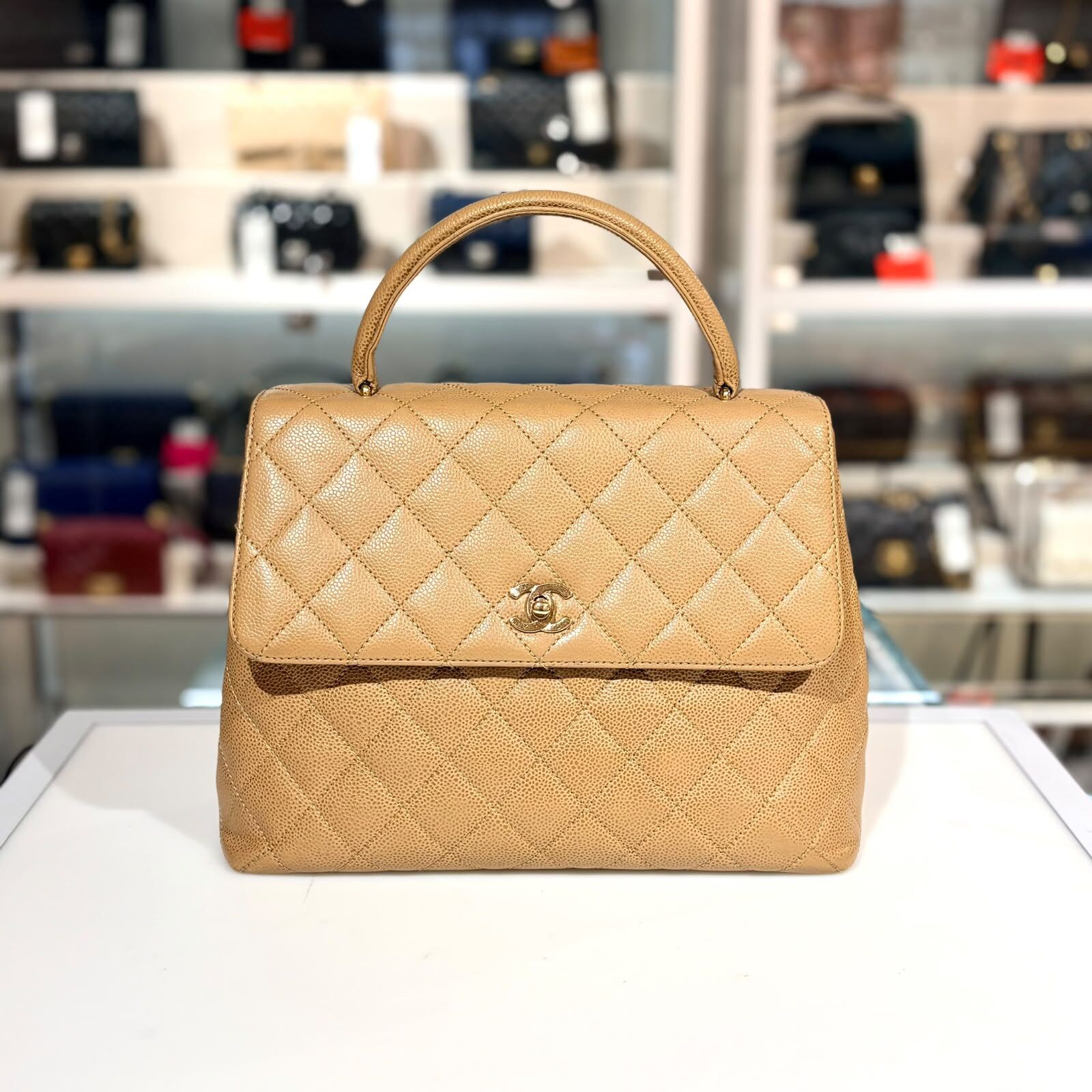 95%NEW二手CHANEL VINTAGE KELLY 復古手提包 奶茶色/荔枝皮 金扣 #香榭站正品
