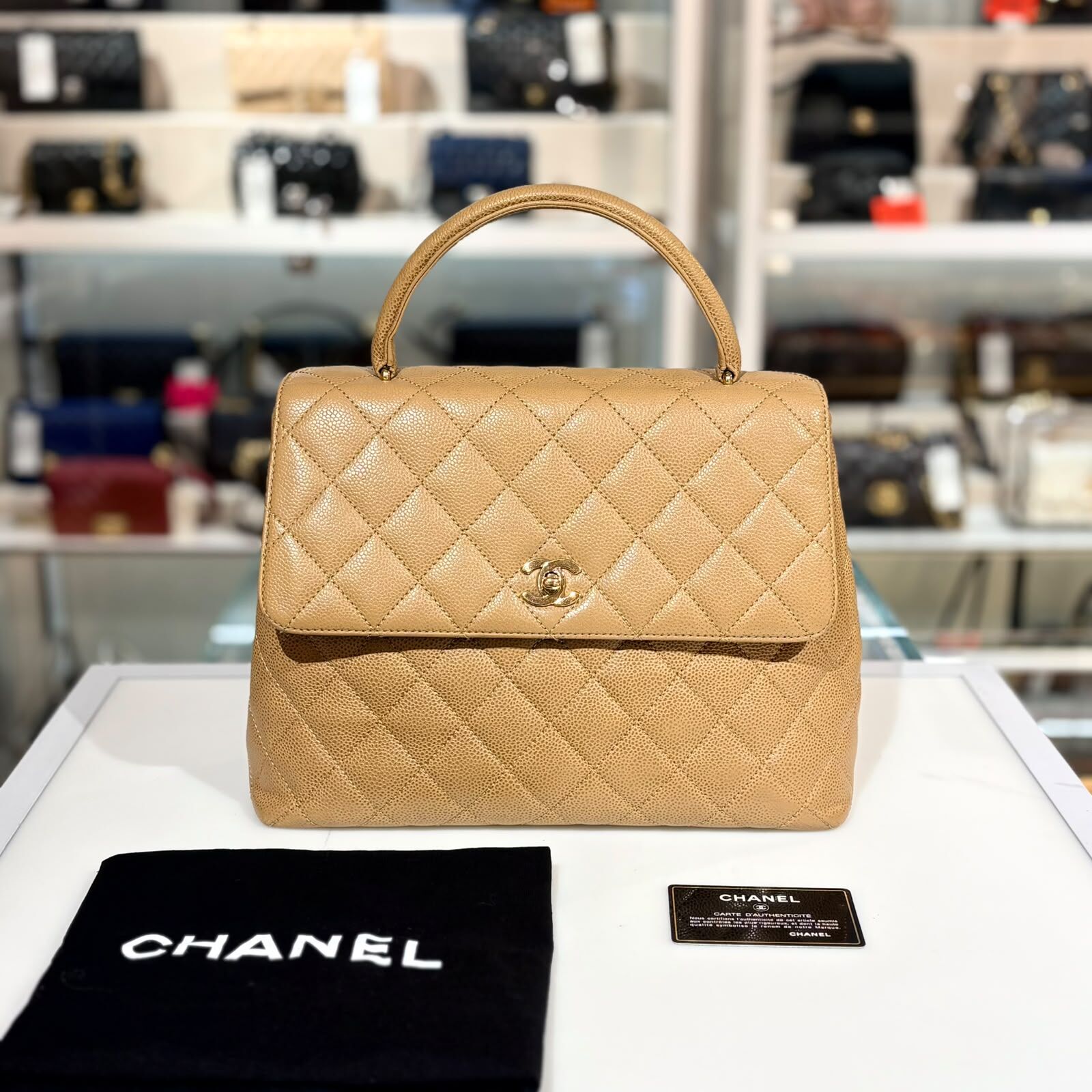 95%NEW二手CHANEL VINTAGE KELLY 復古手提包 奶茶色/荔枝皮 金扣 #香榭站正品