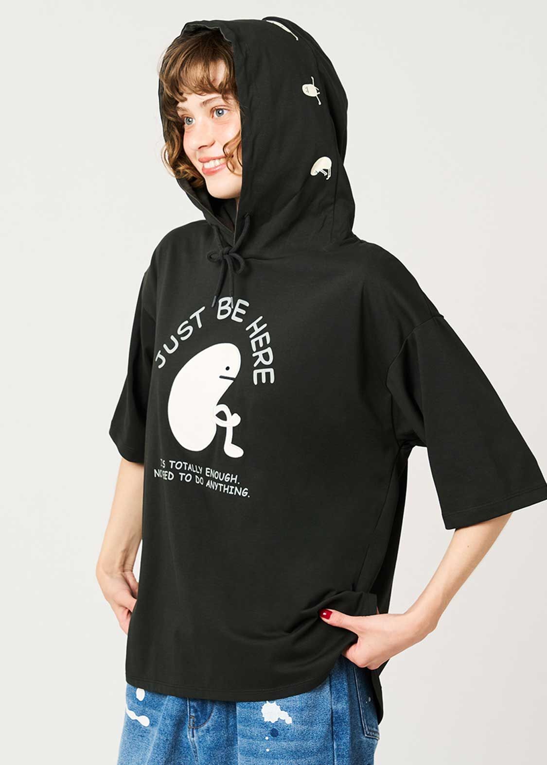 日本預訂 graniph GH Beautiful Shadow "Just Be Here" | Oversized Short-Sleeve Hoodie COOL TOUCH 黑