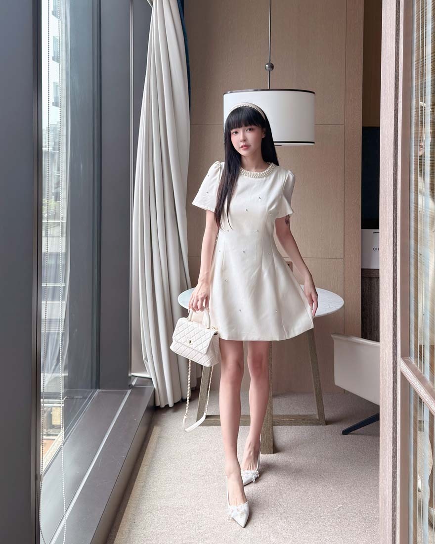 LINA LINA華美女主小香風珍珠滾邊鑽石洋裝-優雅杏M/L