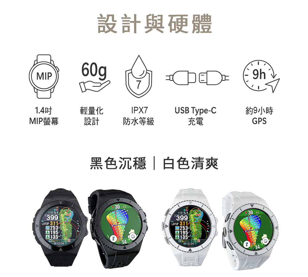Shot Navi EXCEEDS高爾夫GPS手錶,整合推桿模擬、旗位設定、3點距離與自動射擊擊球紀錄功能,搭載1.4吋MIP顯示、50g輕量設計、IPX7防水與USB-C充電功能