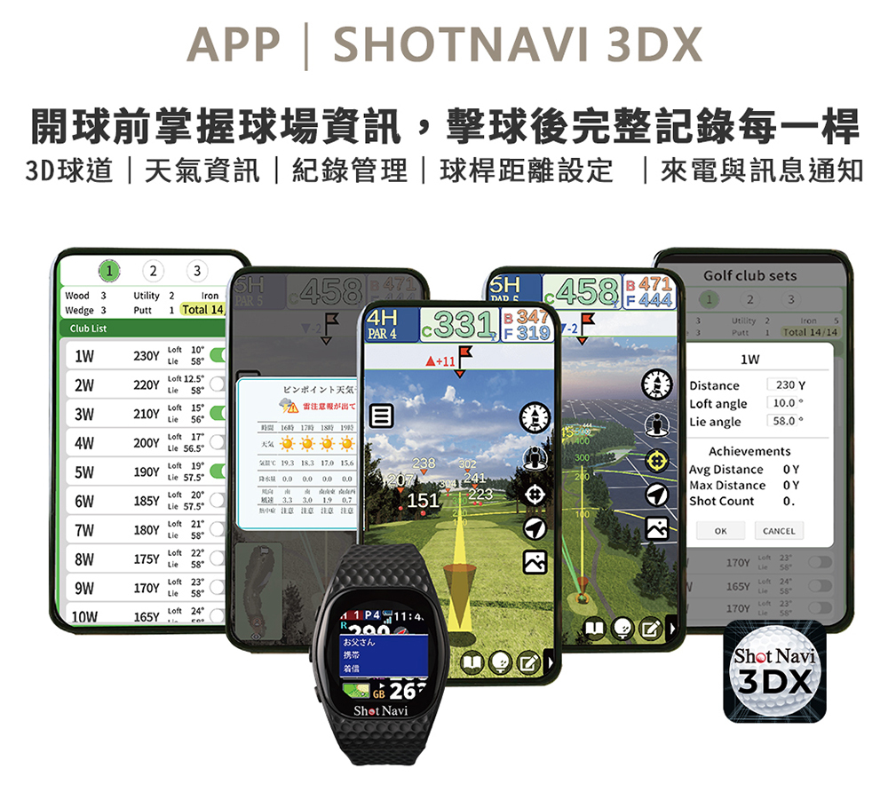 ShotNavi 3DX高爾夫應用搭配Shot Navi EXCEEDS GPS手錶,提供3D球道、天氣資訊、擊球記錄與球桿距離管理
