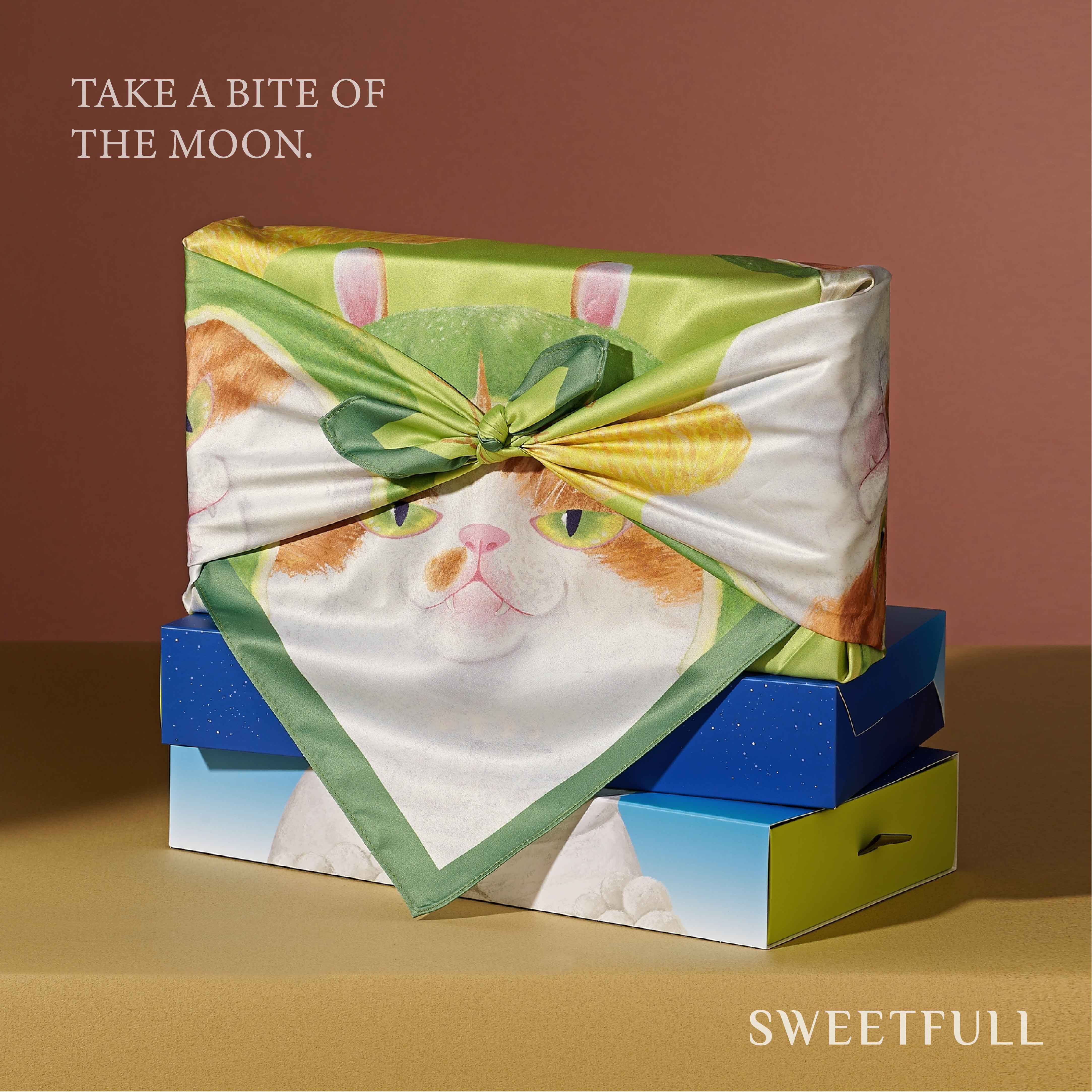 KEYTO × SWEETFULL 九入中秋典藏禮盒，柚子帽橘貓聯名絲巾包裝