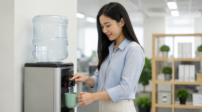 辦公室內一名女性拿著水杯在飲水機前裝水,透過補充水分幫助改善夏季冷氣房帶來的疲勞與身體不適。