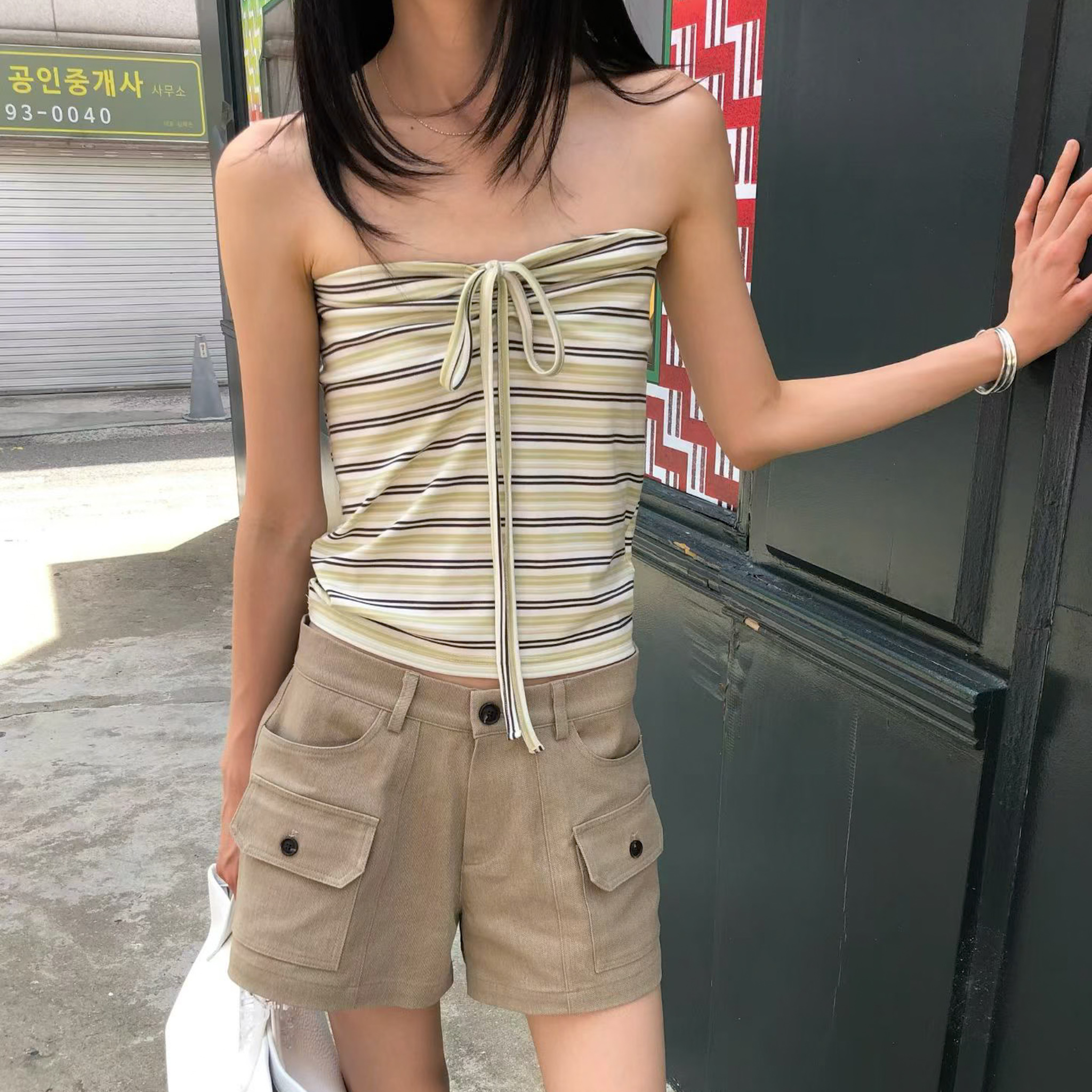 G29兩穿條紋平口綁帶(藍灰/綠黃)