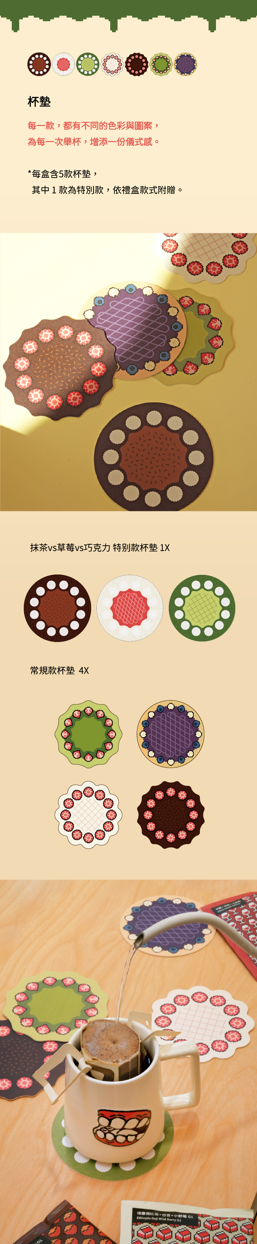 aaah 復古像素風蛋糕造型杯墊組合與手沖咖啡杯搭配情境