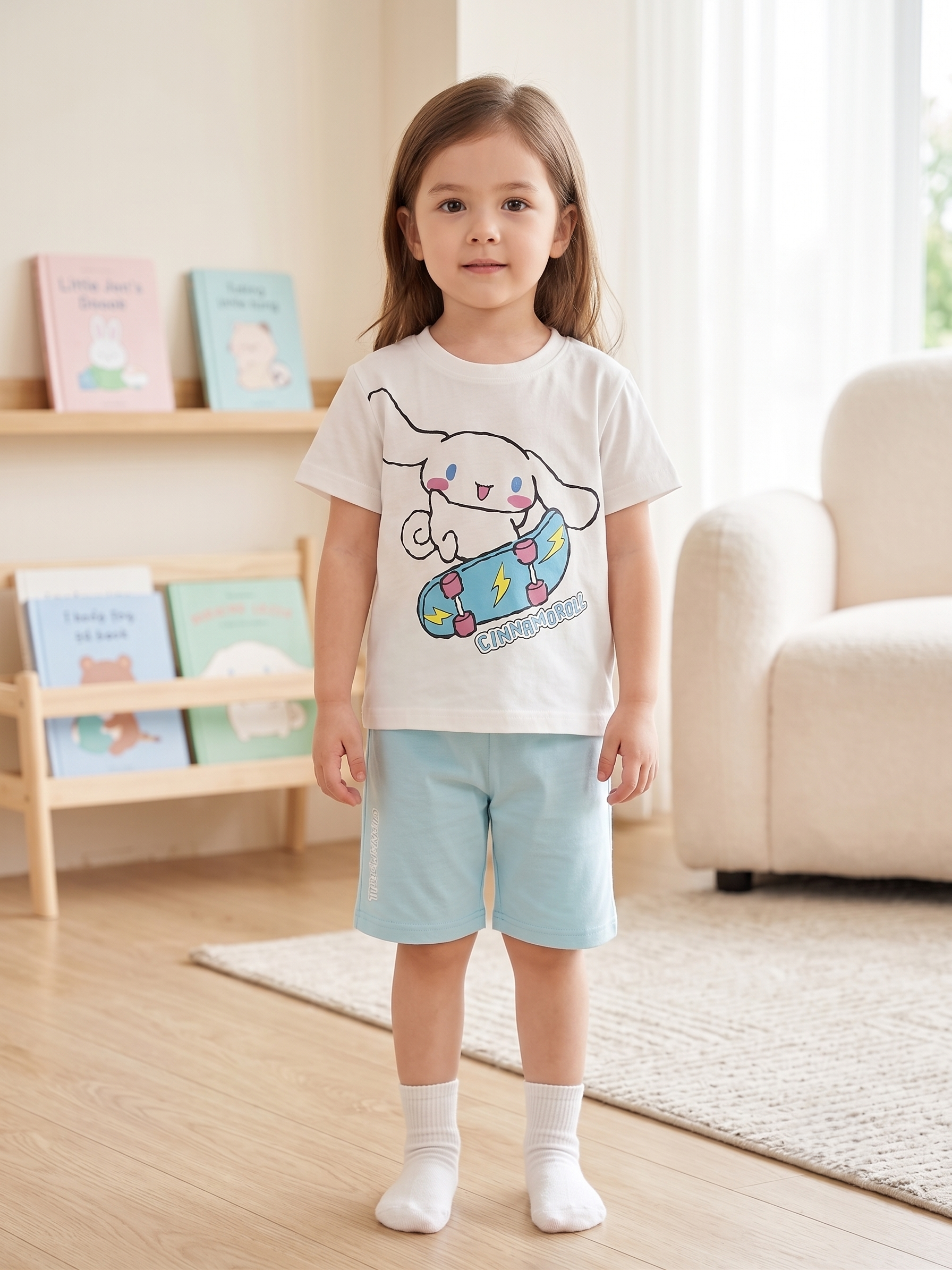 【Petit House】Sanrio Cinnamoroll Kids Skateboarding Short-Sleeve Loungewear Set (T-shirt & Shorts) - White/Sky Blue