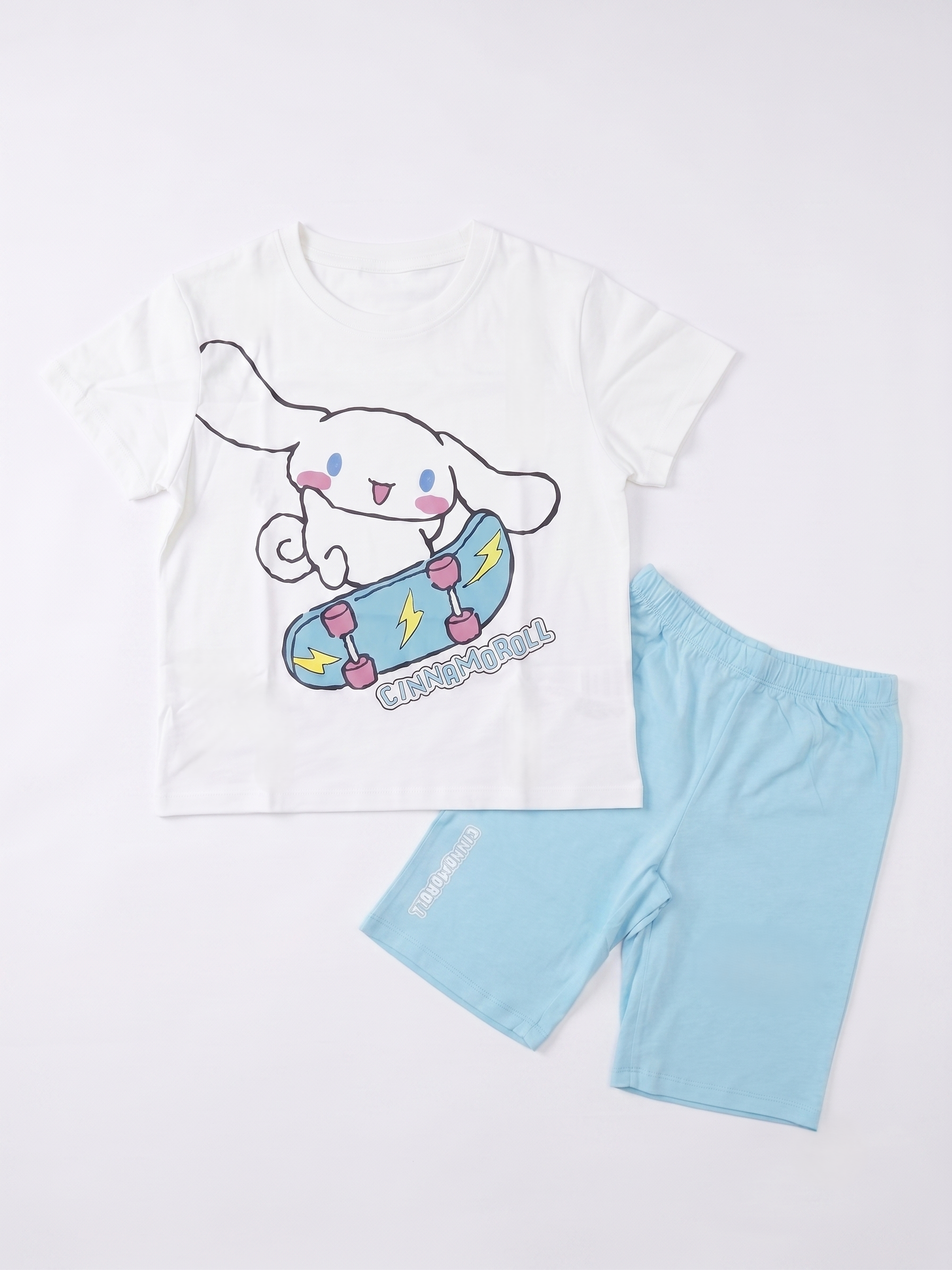 【Petit House】Sanrio Cinnamoroll Kids Skateboarding Short-Sleeve Loungewear Set (T-shirt & Shorts) - White/Sky Blue