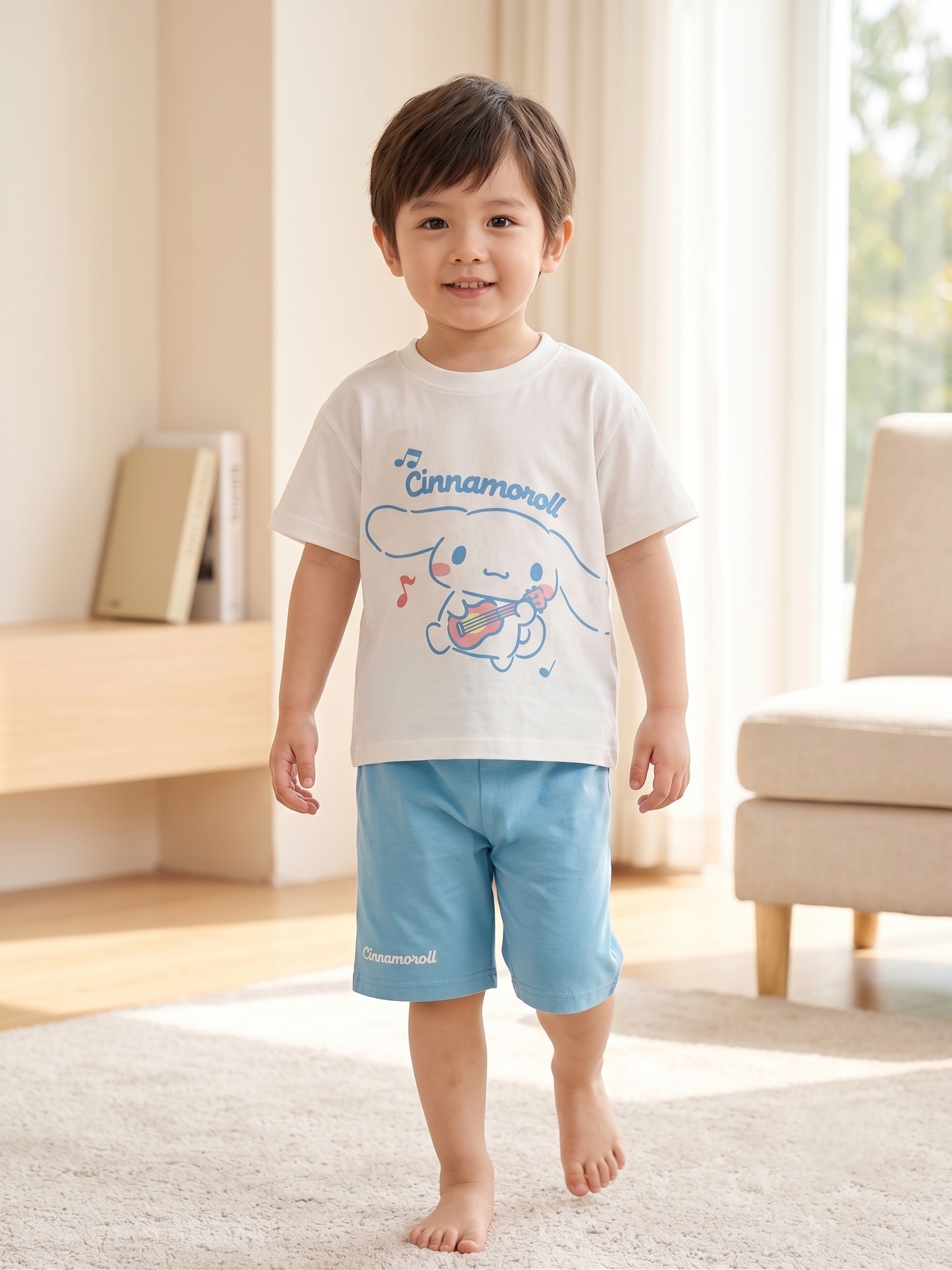 【Petit House】Sanrio Cinnamoroll Kids Guitar Music Short-Sleeve Loungewear Set (T-shirt & Shorts) - White/Sea Blue