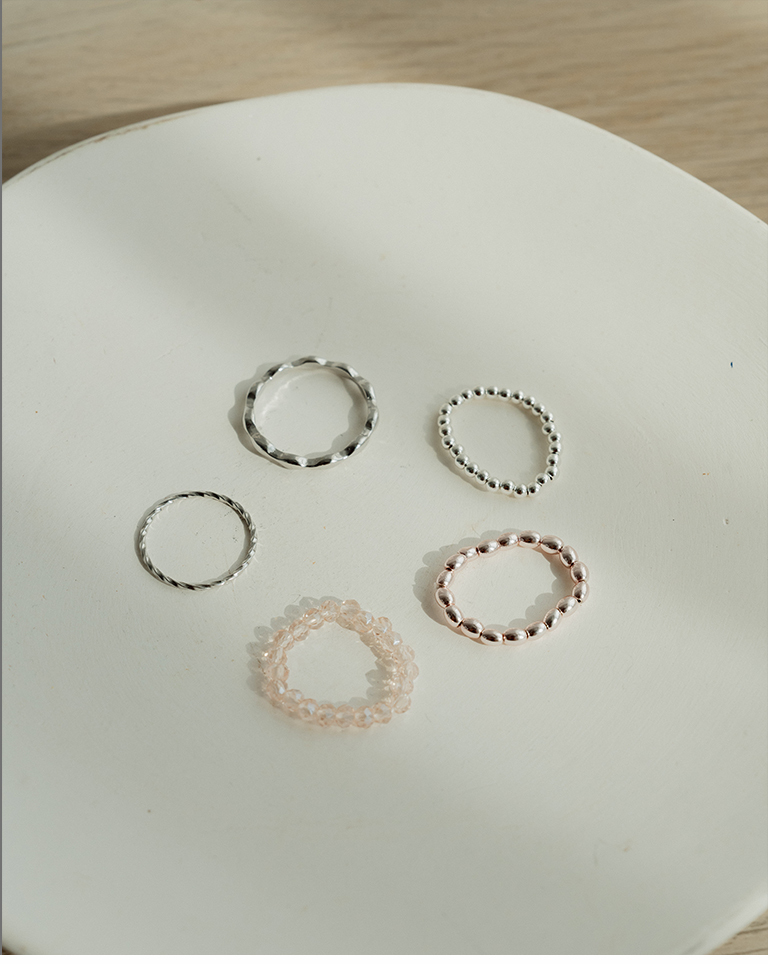 Simple pink beaded ring set of five【07060277】in stock+pre-order