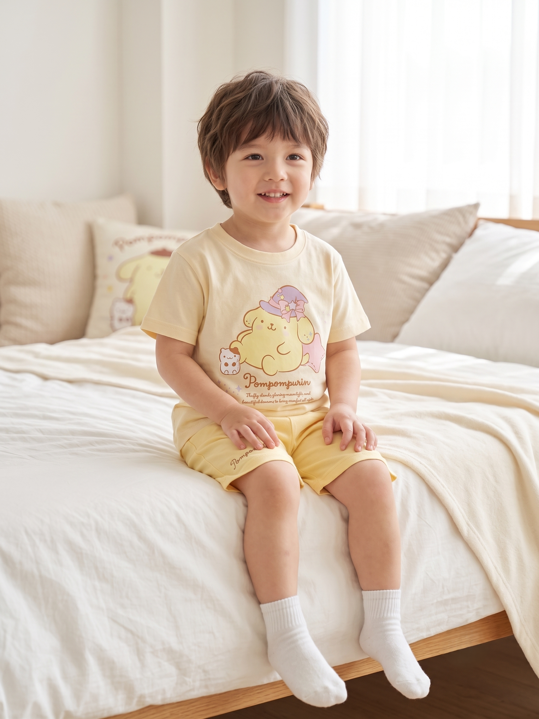 【Petit House】Sanrio Pompompurin 100% Cotton Kids Short-Sleeve Lounge Wear Set - Light Yellow
