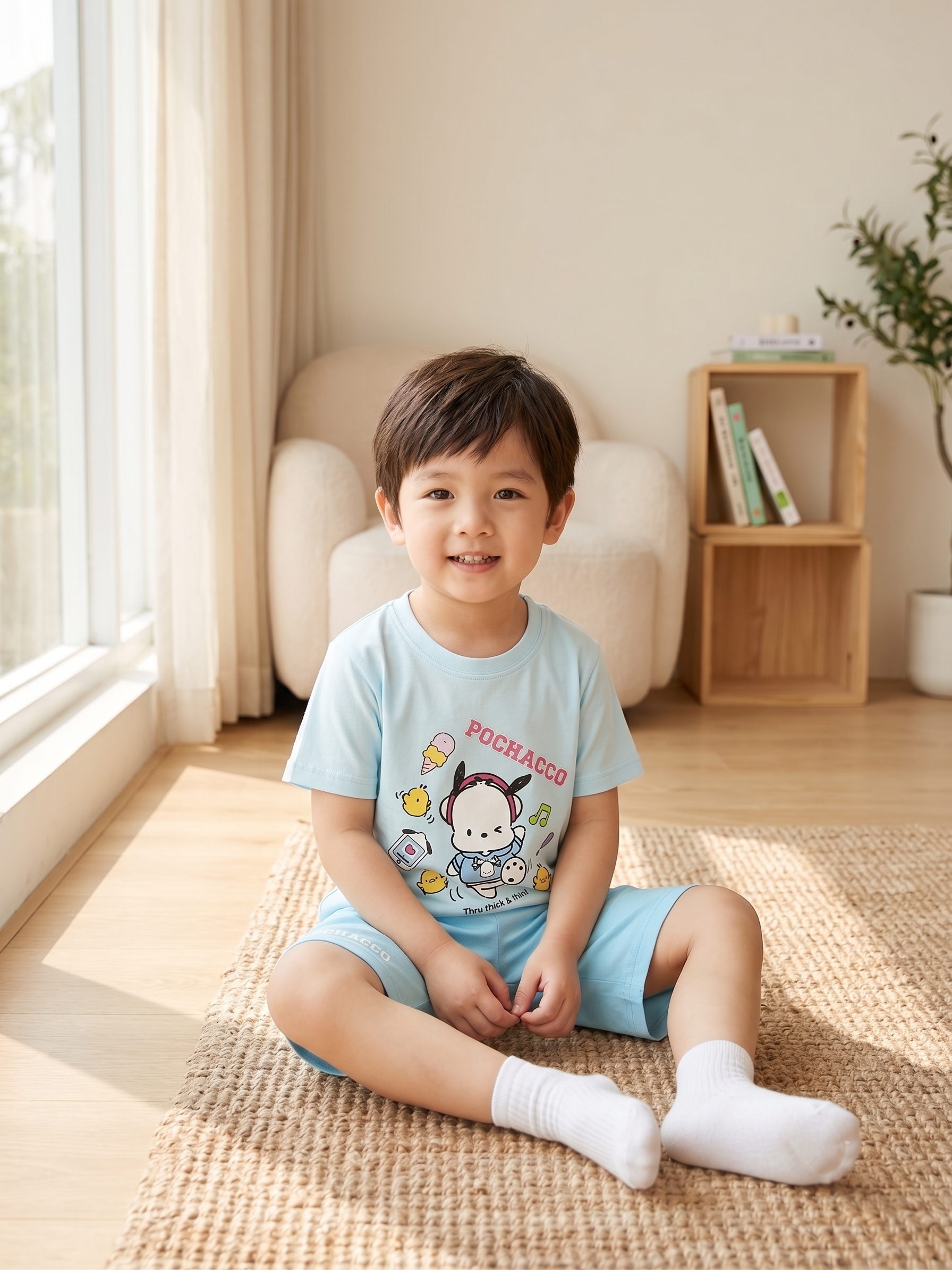 【Petit House】Sanrio Pochacco 100% Cotton Kids Short-Sleeve Lounge Wear Set - Light Blue