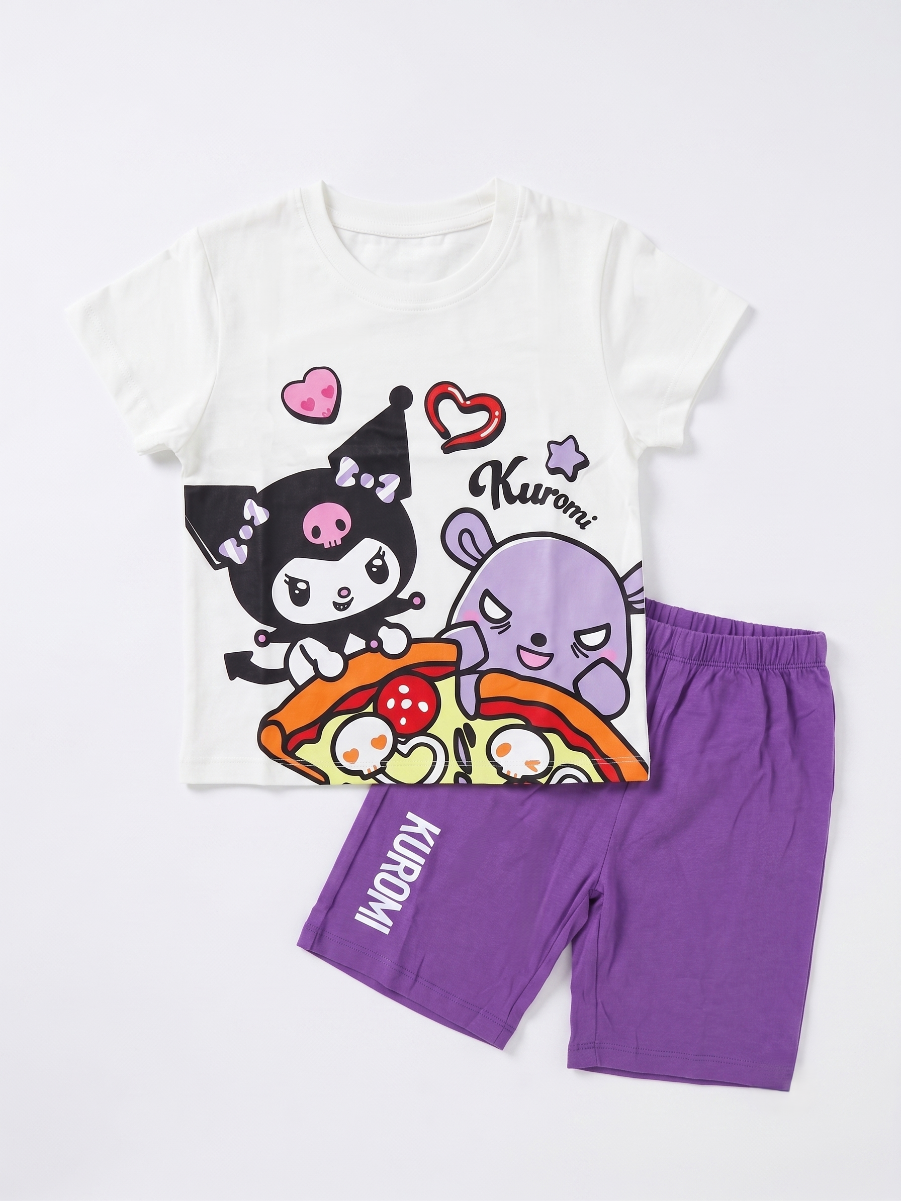 【Petit House】Sanrio Kuromi & Baku Pizza Party Kids Short-Sleeve Loungewear Set (T-Shirt & Shorts) - White/Purple
