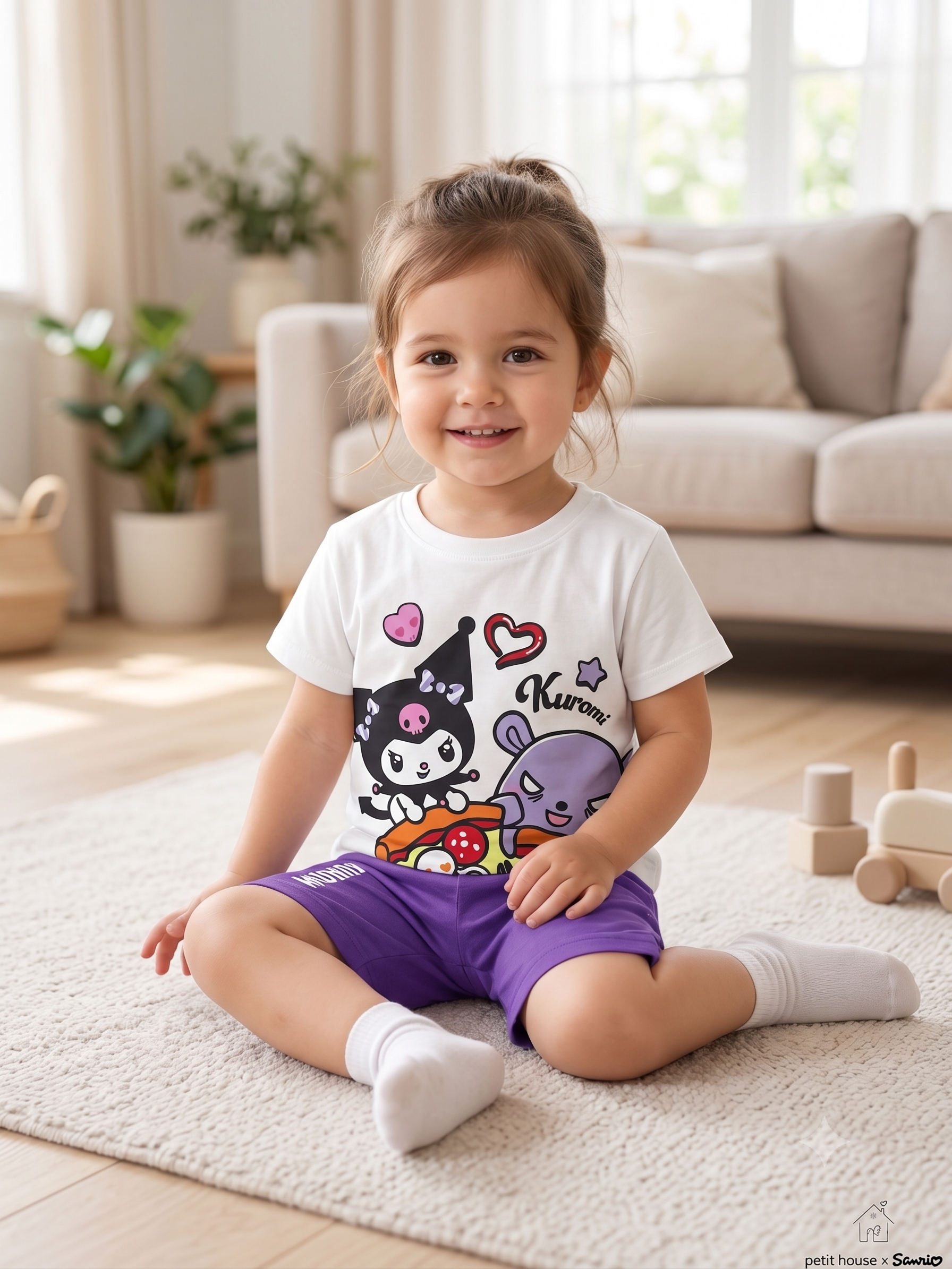 【Petit House】Sanrio Kuromi & Baku Pizza Party Kids Short-Sleeve Loungewear Set (T-Shirt & Shorts) - White/Purple